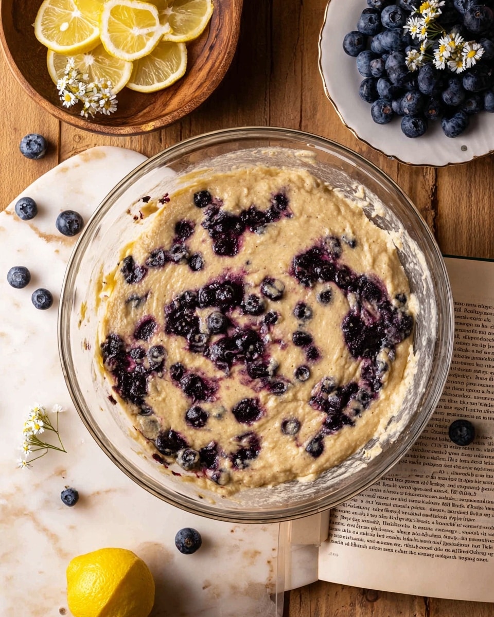 A clear large glass bowl filled with a thick, light beige batter, with dark purple blueberry spots mixed in unevenly across the top and inner surface; the batter texture looks slightly grainy and dense. The bowl sits on an open book with visible text, surrounded by scattered fresh blueberries, a small white plate heaped with more blueberries topped with lemon slices and small white flowers, and a wooden bowl holding lemon slices to the left. A white marbled surface is underneath everything, and the old wooden table background is visible above. The scene is lit softly from above, showing gentle shadows and highlights. photo taken with an iphone --ar 4:5 --v 7