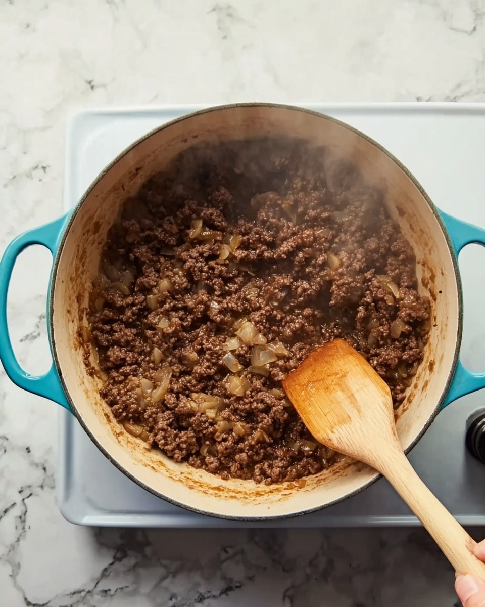 A close-up view from above shows a light blue pot with two handles, filled with browned ground meat mixed with small pieces of translucent cooked onions. A wooden spatula, held by a woman's hand, is stirring the mixture, which has a rich brown color and a slightly chunky texture. The pot sits on a stovetop with a white marbled textured surface visible around it. Steam rises gently from the meat, indicating it is hot. photo taken with an iphone --ar 4:5 --v 7