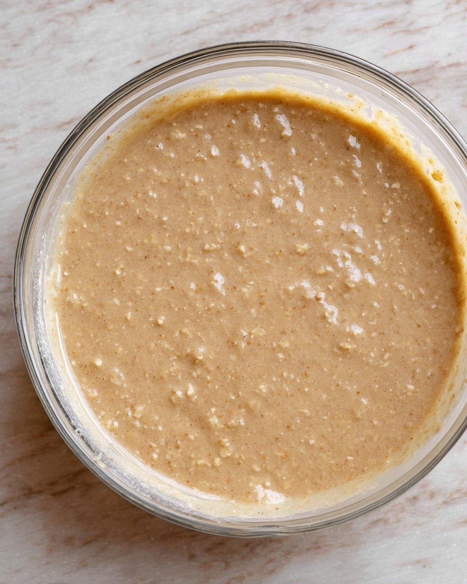A clear glass bowl filled with a thick, light brown batter that has a slightly grainy texture with small bubbles on the surface. The batter is smooth but not completely even, showing subtle lumps and specks throughout. The bowl sits on a white marbled texture. photo taken with an iphone --ar 4:5 --v 7