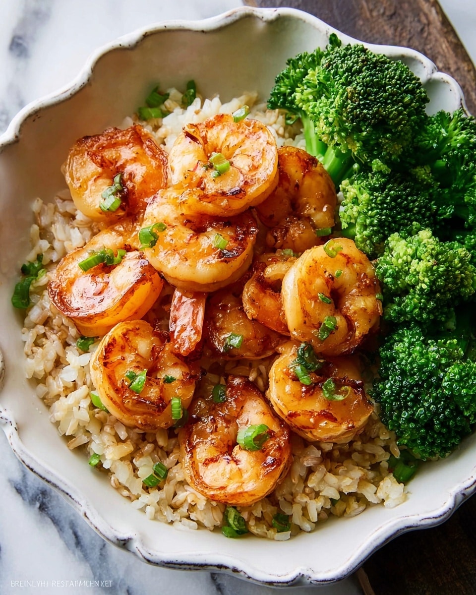 The dish is shown in a white bowl with a scalloped edge, placed on a white marbled surface. The bottom layer is light brown cooked rice, filling most of the bowl. On top of the rice are several large shrimp, cooked to a warm orange color with slight char marks, arranged mostly in the center. Small pieces of chopped green garnish are sprinkled on the shrimp. To one side of the bowl, there are bright green steamed broccoli florets, providing a contrasting color and texture to the shrimp and rice. photo taken with an iphone --ar 4:5 --v 7