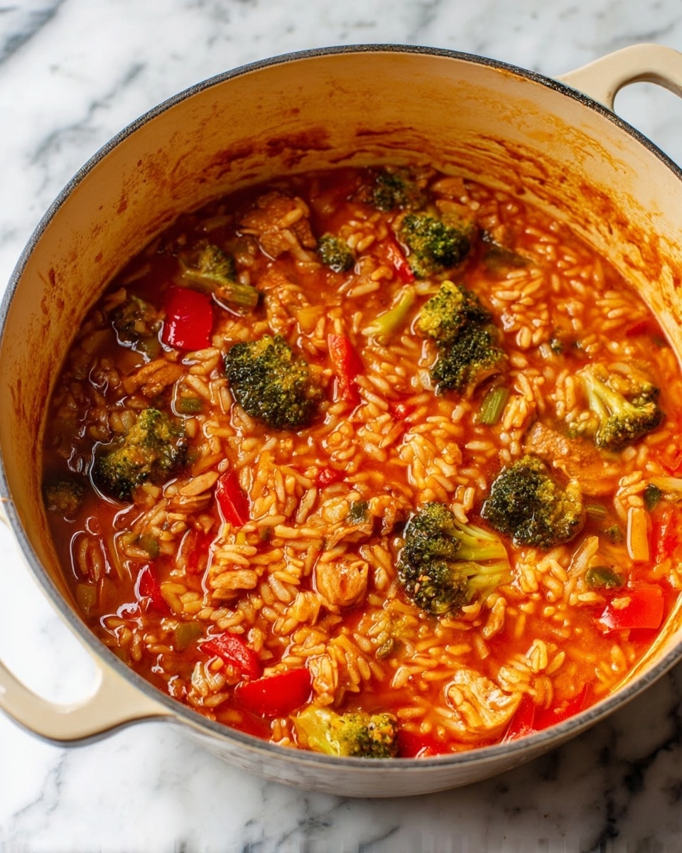 A large light yellow pot filled with a thick stew made of small orange rice pieces mixed with green broccoli florets, red bell pepper chunks, and small golden-brown cooked meat pieces, all in a rich red tomato-based sauce. The pot sits on a white marbled surface, with sauce residue visible inside the pot near the rim. The dish looks hearty and colorful with the contrasting colors of red, green, and orange. photo taken with an iphone --ar 4:5 --v 7