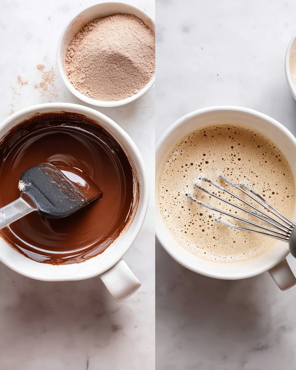 The image shows two white mixing bowls on a white marbled surface. The bowl on the left contains smooth, melted chocolate that is dark brown and glossy, with a black spatula resting inside, coated partially with the chocolate. Above it, a small portion of another white bowl with a powdery light brown ingredient is visible. The bowl on the right holds a light, frothy mixture with small bubbles on the surface, and an electric hand mixer with metal beaters partially resting inside the bowl. The scene is softly lit, focusing on the texture of the ingredients. Photo taken with an iphone --ar 4:5 --v 7