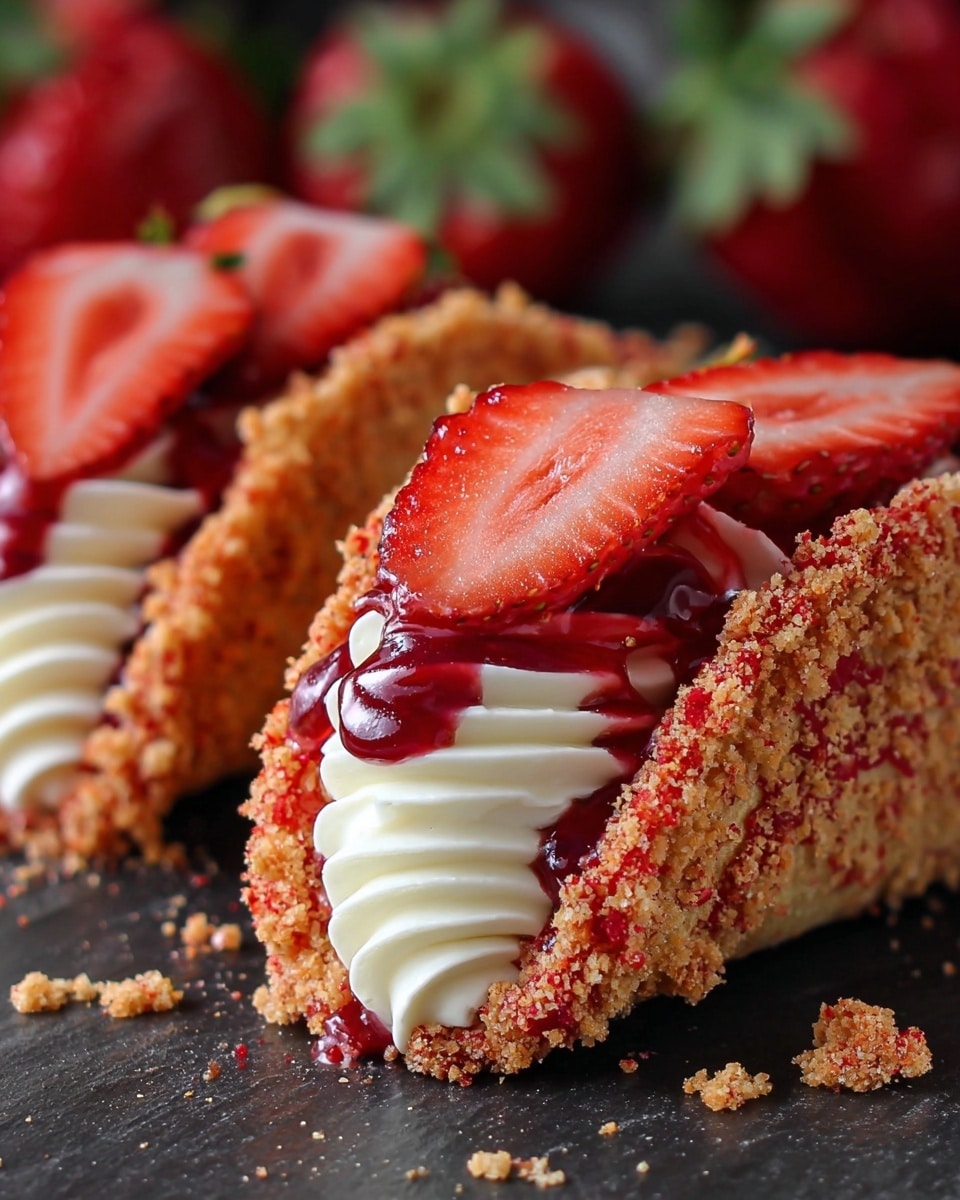 The image shows two small taco-shaped desserts resting on a dark surface with some crumbs scattered around them. Each dessert has a shell that is coated with a crumbly, bright red and light tan crumb mixture that adds texture and color contrast. Inside the shell, there is a thick layer of smooth, white cream filling that is piped in with soft ridges, filling the center. On top of the cream, a shiny, deep red sauce is drizzled generously, adding a glossy texture and some vibrant color. Each dessert is topped with a fresh, sliced, red strawberry with green leaves still attached, placed in the middle on top of the sauce. The background is softly blurred with green strawberry leaves visible. The photo was taken with an iphone --ar 4:5 --v 7