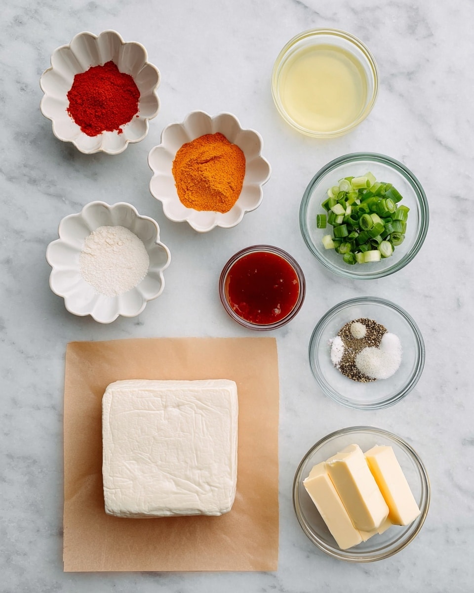 A set of ingredients is arranged on a white marbled surface. At the center bottom is a large square block of tofu on a brown piece of paper. Around it are small white bowls and clear glass bowls holding different ingredients: a red powder in a flower-shaped bowl at the top left, an orange powder in a similar bowl below it, a pale yellow liquid in a small white bowl at the top center, bright green sliced scallions in a small glass bowl top right, a bowl of red sauce below the pale liquid, a bowl of white powder to the right of the red sauce, a small glass bowl with salt and pepper mix below the white powder, and a glass bowl with three pieces of butter at the bottom right. Everything is neat, bright, and well lit. photo taken with an iphone --ar 4:5 --v 7