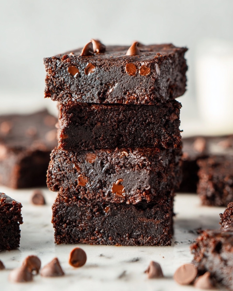This image shows a stack of four dark chocolate brownies with visible chocolate chips mixed throughout each thick layer. The brownies are moist and dense in texture, and the top brownie has a few melted chocolate chips on its surface. Around the stack, chocolates chips are scattered on a white marbled surface. In the background, there are more brownies lying flat, slightly blurred, emphasizing the main stack in the middle. Photo taken with an iphone --ar 4:5 --v 7