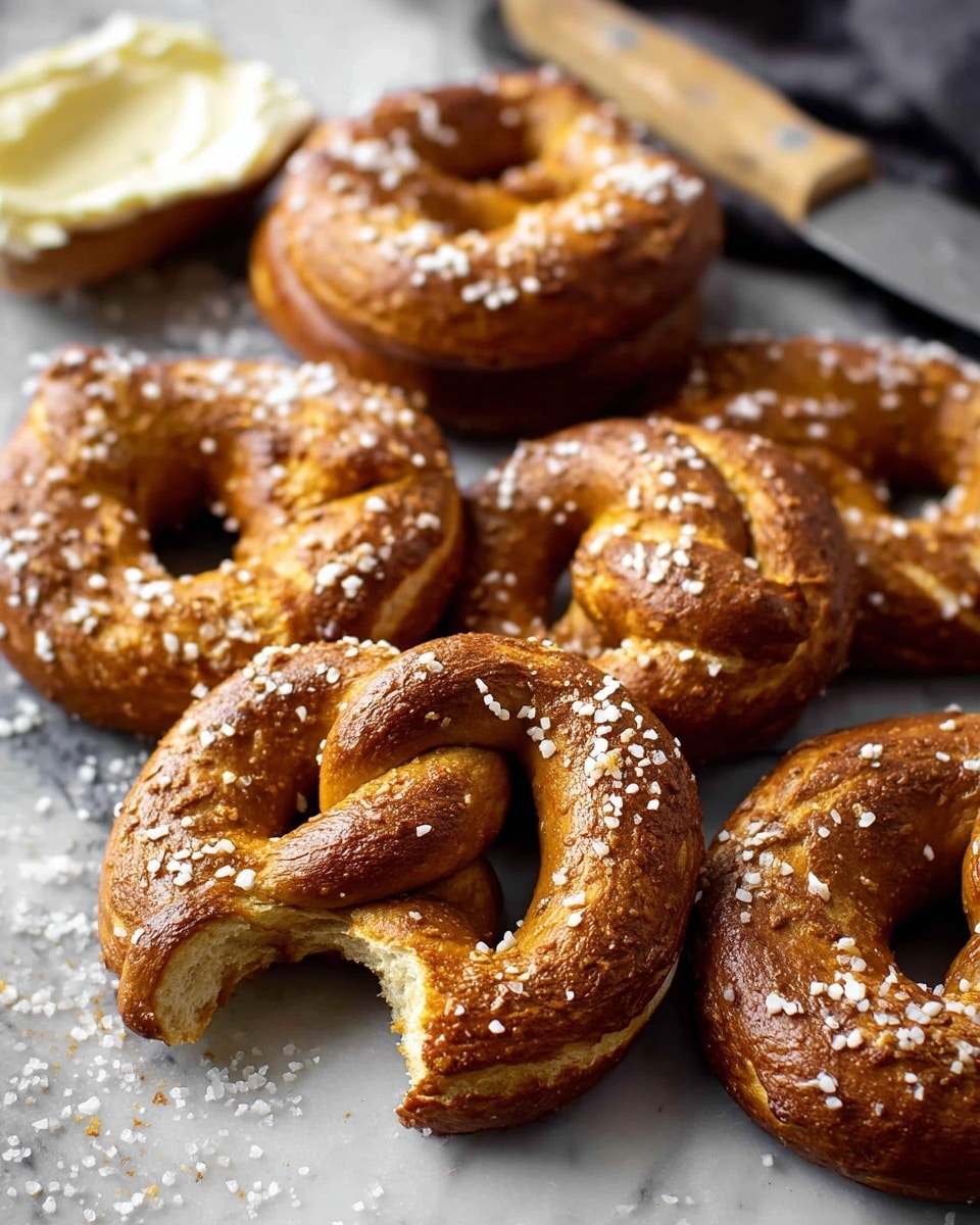 The image shows several soft pretzels with a deep golden-brown color, each topped with large grains of white salt. The pretzels have a classic loop shape with a shiny, slightly cracked surface texture. One pretzel near the back has a bite taken out of it, revealing a light, fluffy inside. In the background, a wooden spreader with creamy white butter is visible next to a metal knife. The pretzels and utensils rest on a white marbled surface, with some salt grains scattered around. photo taken with an iphone --ar 4:5 --v 7