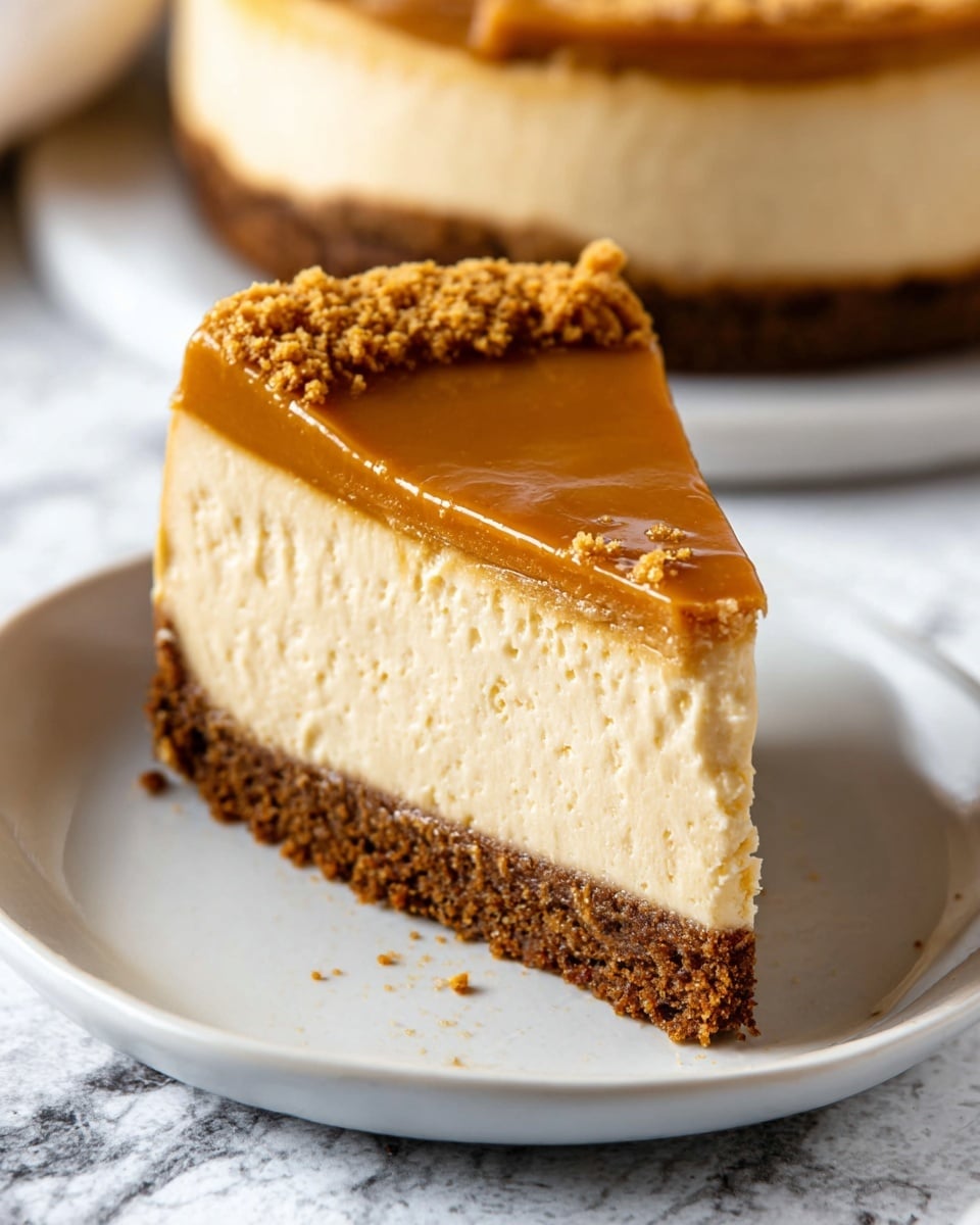 The image shows a slice of creamy cheesecake with three layers on a white plate placed on a white marbled surface. The bottom layer is a crumbly, dark brown crust. The middle layer is thick and smooth with a light beige, creamy texture. The top layer is a thin, shiny caramel-colored layer with a rough sprinkle of crumbs on one side near the edge. In the background, another slice of the cheesecake can be seen out of focus. Photo taken with an iphone --ar 4:5 --v 7