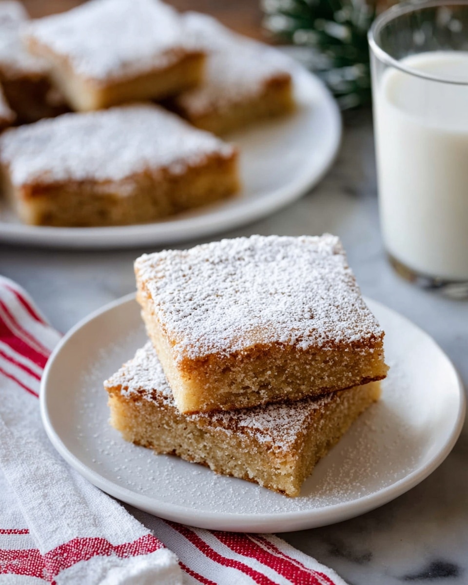 Two square pieces of cake are stacked slightly on a white plate, each with a light brown color and a dusting of powdered sugar that gives a soft white texture on top. The cakes look dense with a slightly rough surface. In the background, there is another white plate with more cake pieces arranged, and a glass of milk beside it. The setting is on a white marbled surface with a white cloth featuring red stripes partly visible on the side. Photo taken with an iphone --ar 4:5 --v 7