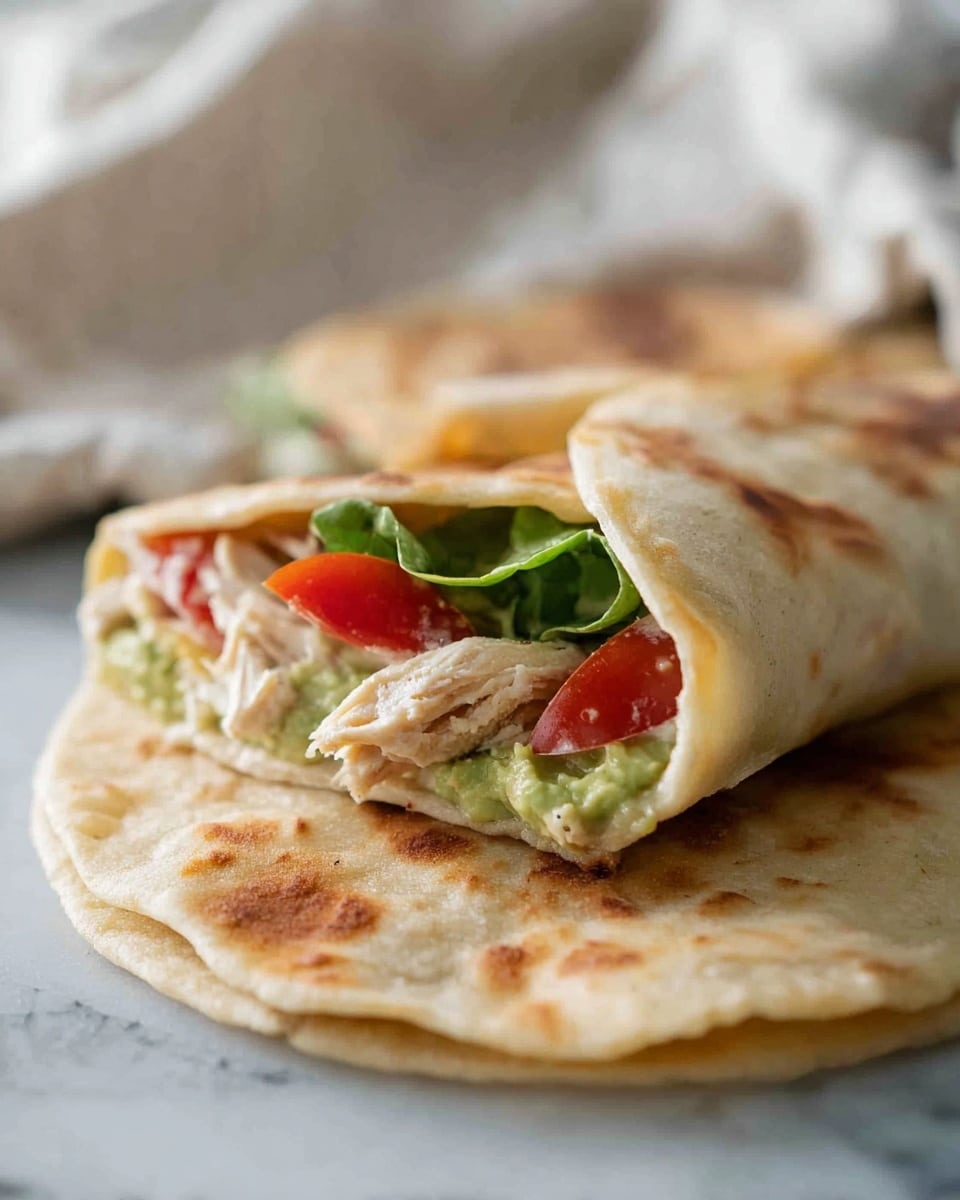 Two soft, light brown flatbreads rest on a white marbled surface, one flat and the other folded. The folded one reveals three visible layers inside: bright green mashed avocado at the bottom with a creamy texture, followed by red tomato slices, and topped with light beige torn chicken pieces mixed with a spread of white sauce. The flatbreads have a slightly uneven, homemade look with darker toasted spots. The background is softly blurred with pale cloth, emphasizing the food. Photo taken with an iphone --ar 4:5 --v 7