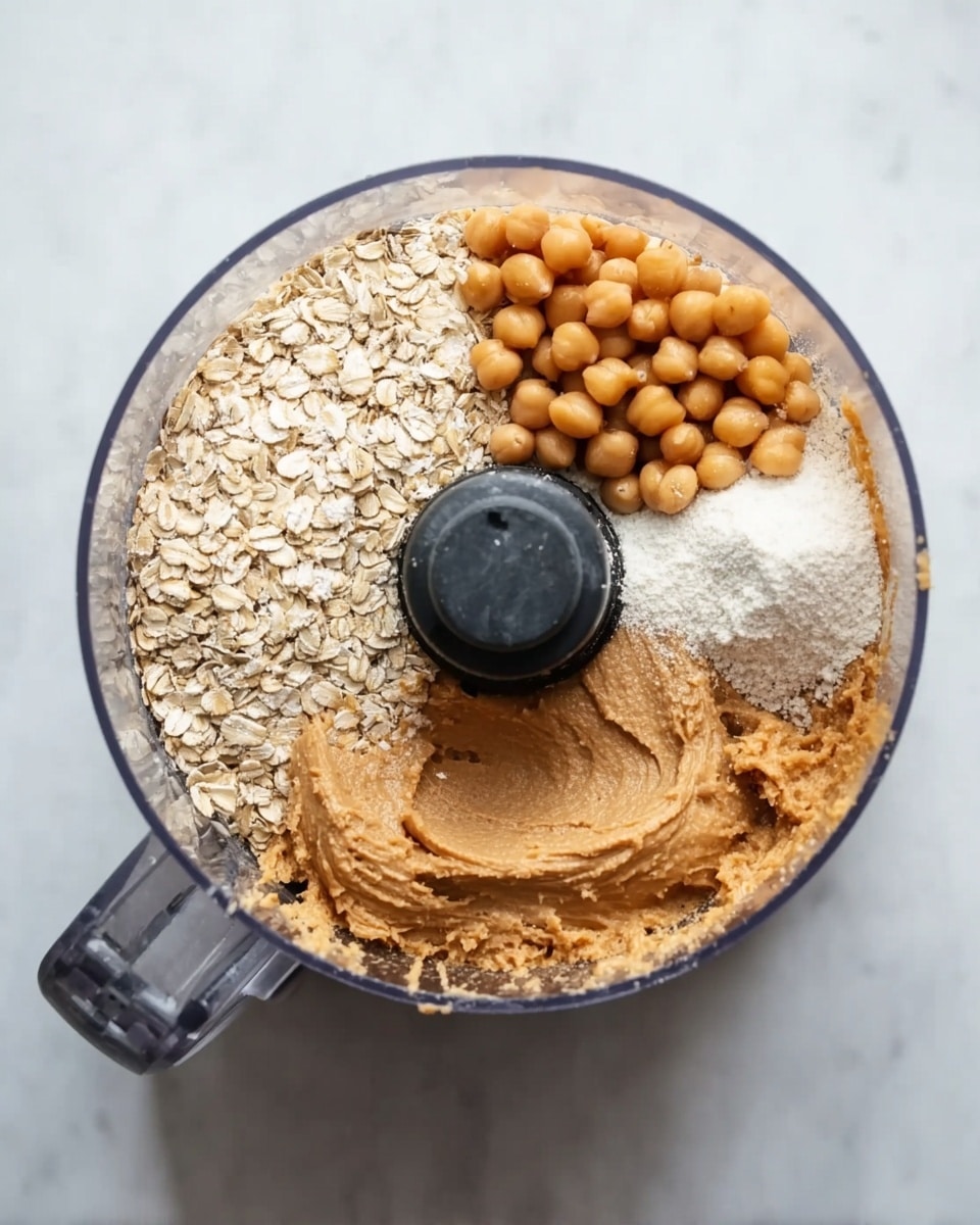 The image shows a top-down view of a food processor bowl filled with different ingredients arranged in sections. There are pale beige oats covering almost half the bowl. To their right, light orange chickpeas sit in a small pile. Beside the chickpeas, there is a small mound of white powder. Opposite the chickpeas, thick light brown peanut butter fills about a quarter of the bowl. The mixture is inside a clear food processor with a central black blade. The background is a white marble surface. Photo taken with an iphone --ar 4:5 --v 7
