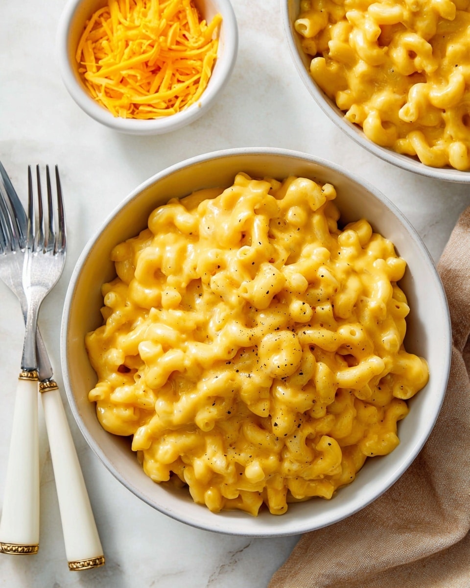A white bowl filled with creamy macaroni and cheese. The elbow macaroni pasta is fully coated in a smooth, rich, golden-yellow cheese sauce with visible black pepper specks scattered throughout. The bowl is placed on a white marbled surface alongside a small white bowl of shredded cheddar cheese and two forks with white and gold handles nearby. Another white bowl of the same macaroni and cheese is partially visible in the top right corner. Photo taken with an iphone --ar 4:5 --v 7