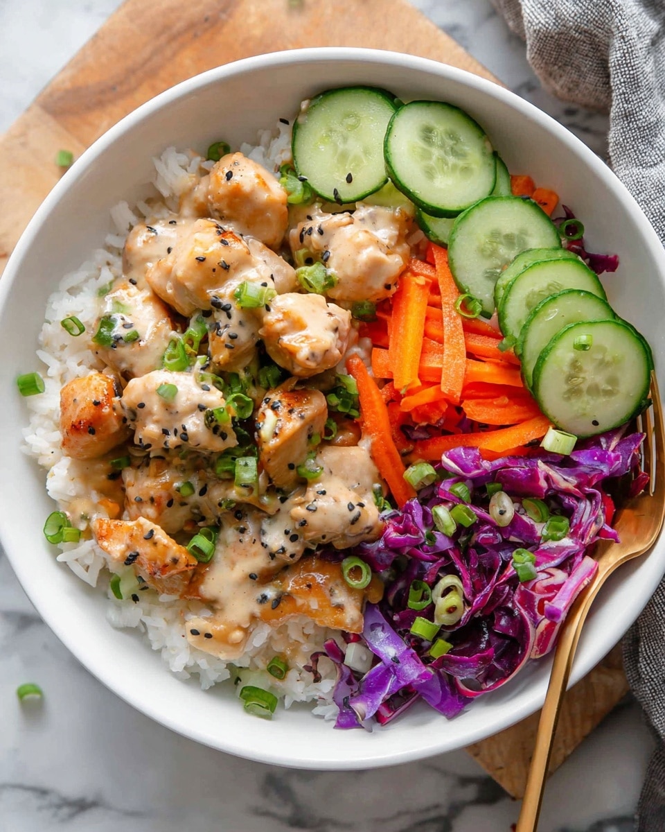 A white bowl contains a layered dish starting with a base of white rice at the bottom. On top of the rice, there are bite-sized pieces of lightly browned cooked chicken covered in a creamy sauce with scattered green onion slices and black sesame seeds. One side of the bowl holds several thin, round slices of fresh cucumber arranged in a neat line. Next to the chicken, there is a mix of bright orange carrot rounds and shredded purple cabbage also coated lightly with sauce, with more green onions sprinkled over this vegetable mix. The bowl sits on a white marbled surface with part of a woman's hand holding a gold spoon visible on the right. Photo taken with an iphone --ar 4:5 --v 7