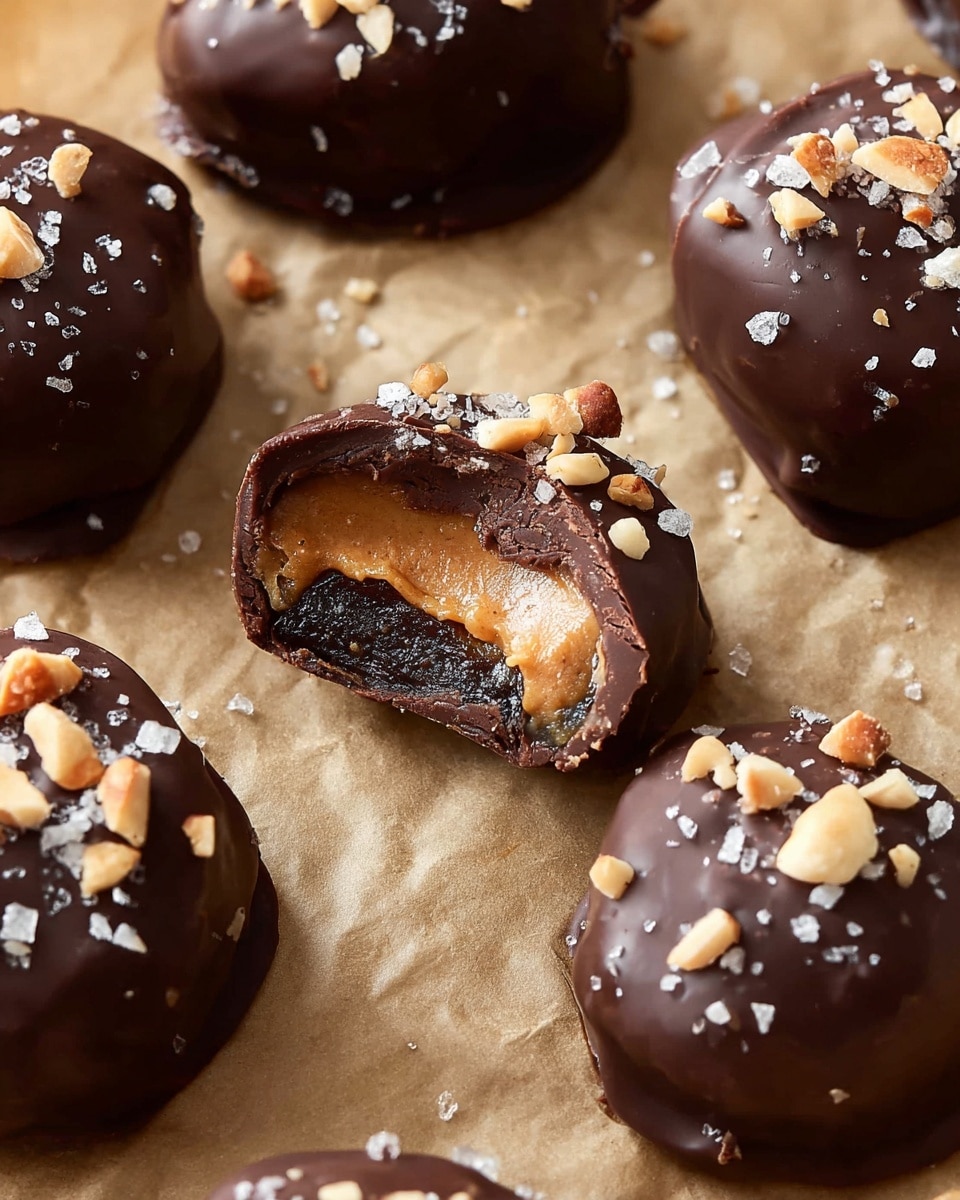 Small round chocolate treats covered in a dark, smooth chocolate coating form the outer layer. The top of each piece is sprinkled with light tan chopped nuts and small flakes of white sea salt. Inside, a thick, creamy caramel layer blends with a slightly softer peanut butter filling, both visible where one piece is bitten into. The base layer inside is darker, suggesting a date or similar filling with a sticky texture. These treats rest directly on a light brown parchment paper with a slight crumpled texture. photo taken with an iphone --ar 4:5 --v 7