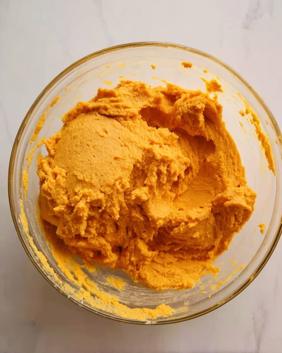 The image shows a clear glass bowl filled with thick orange dough or batter that has a rough and creamy texture. The dough is placed in the middle of the bowl, spreading slightly towards the sides but mostly piled in the center. The bowl sits on a white marbled surface with some traces of the orange dough stuck around the inside edges of the bowl. The lighting is soft, highlighting the texture of the dough. Photo taken with an iphone --ar 4:5 --v 7