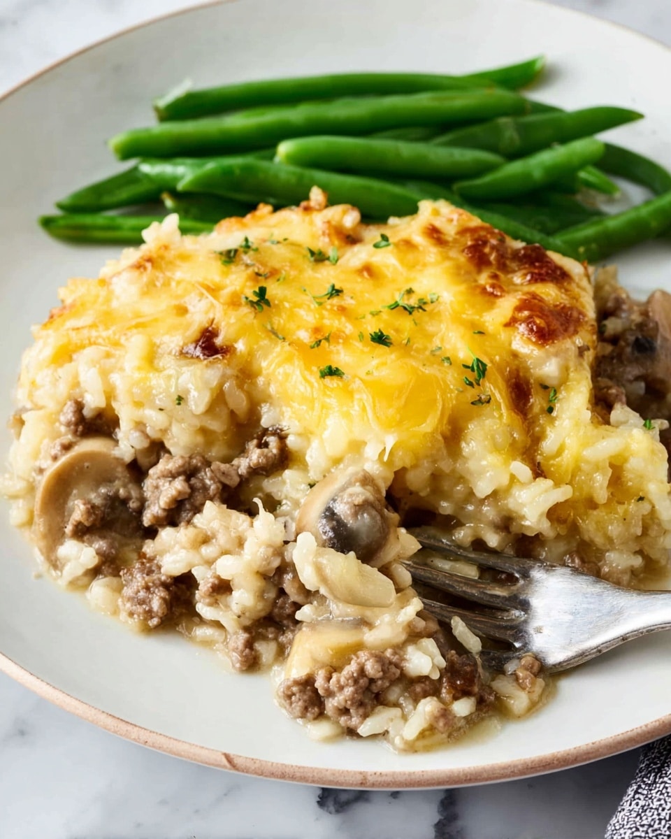 The dish shows a white plate topped with a thick layer of creamy casserole made of rice, ground meat, and sliced mushrooms, with a melted light yellow cheese layer covering part of it. The casserole has a moist, slightly chunky texture and appears golden in some spots from baking. On the side of the plate, there is a small pile of bright green, long green beans placed neatly. A woman’s hand is holding a fork digging into the casserole near the bottom right of the plate. The background is a white marbled surface. Photo taken with an iphone --ar 4:5 --v 7