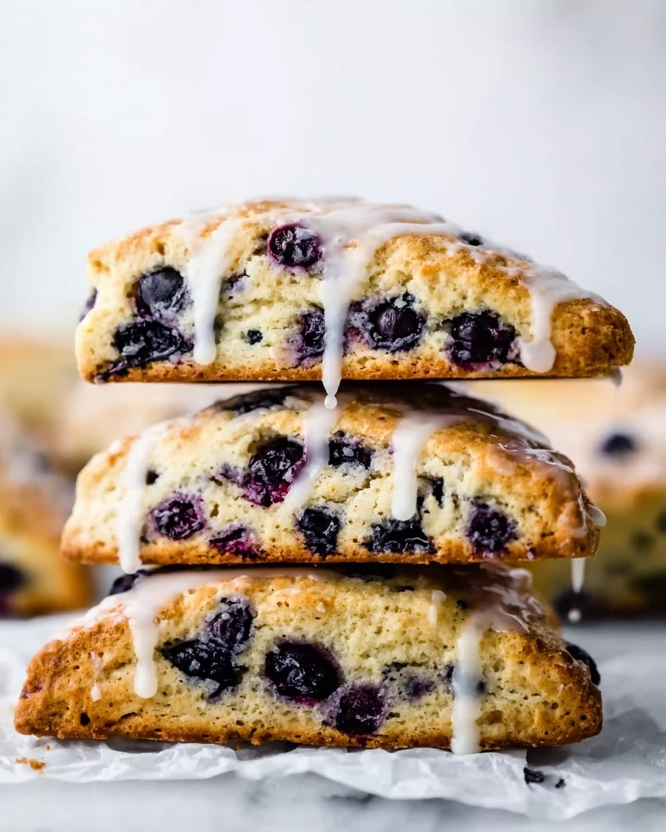 A stack of three triangular blueberry scones shows layers with a golden-brown crust and soft inside. Each scone is filled with dark blue, plump blueberries that are visible in every layer. The top scone has dripping white icing running down its side. The stack sits on a crumpled white paper on a white marbled surface, with more scones blurred in the background. Photo taken with an iphone --ar 4:5 --v 7