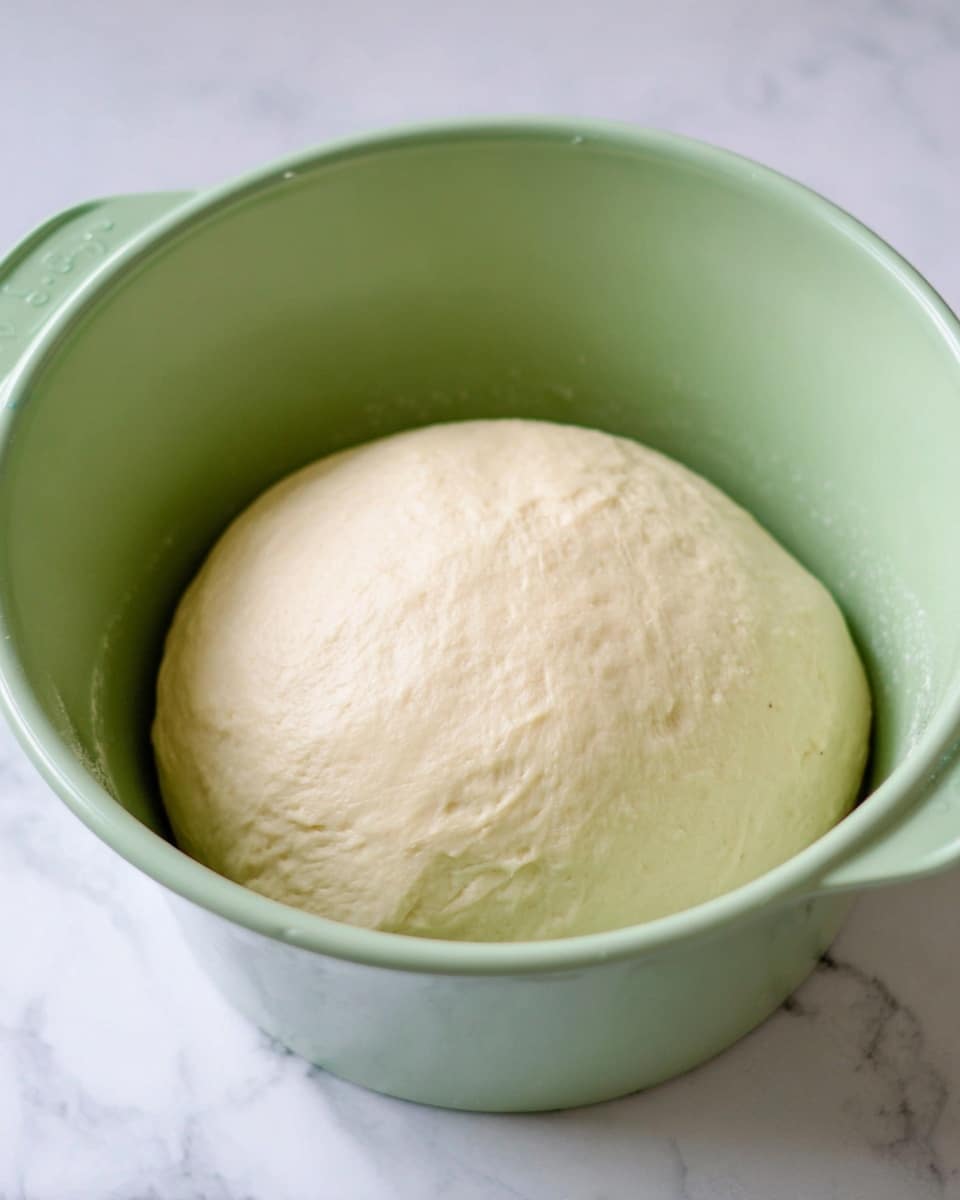 A smooth, round ball of pale dough with slight texture sits inside a light green mixing bowl. The dough looks soft and slightly shiny, showing it has risen well. The bowl has a wide rim and handles on the sides. The whole setup rests on a white marbled surface, giving a clean and fresh feel. photo taken with an iphone --ar 4:5 --v 7