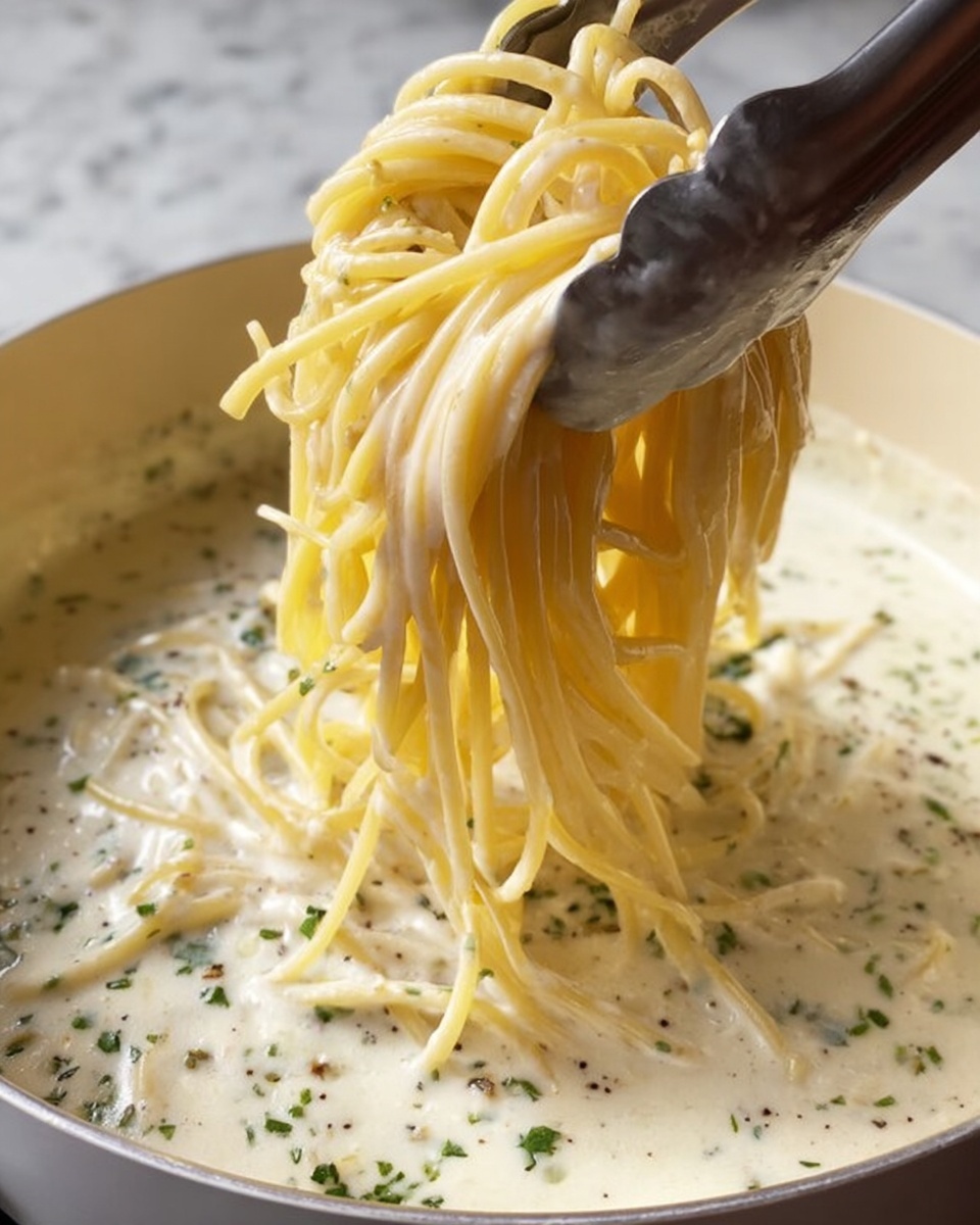 A close-up image of creamy white sauce with small green herb flakes and black pepper specks in a white pan, with pale yellow cooked spaghetti noodles lifted above the sauce by silver tongs, showing the noodles' smooth and shiny texture; the background has a white marbled surface. photo taken with an iphone --ar 4:5 --v 7