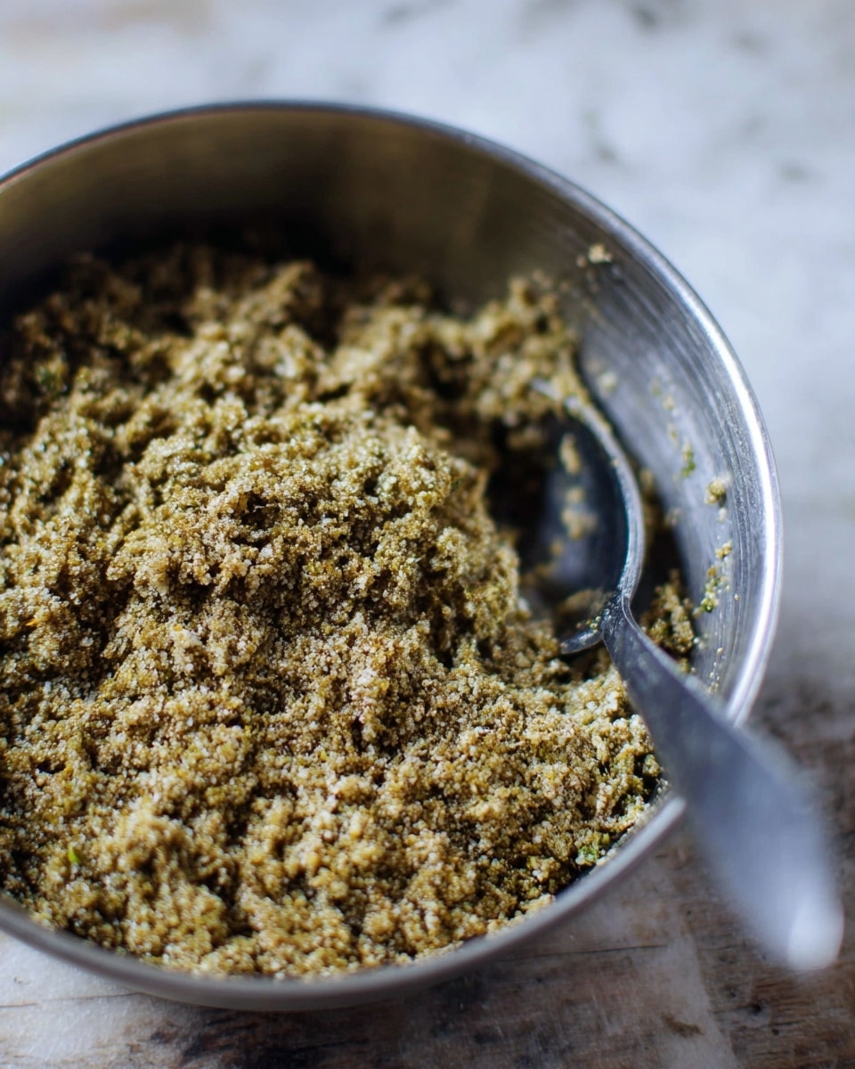 The image shows a close-up of a metal bowl filled with a coarse mixture of light brown and green ingredients with a grainy texture. A metal spoon is partially buried in the mixture, with its handle extending toward the foreground, slightly blurred. The bowl is resting on a surface with a white marbled texture in the background. photo taken with an iphone --ar 4:5 --v 7