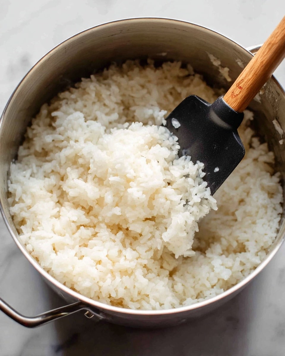 A close-up view of a shiny silver pot filled with soft, cooked white rice that looks fluffy and slightly sticky. A black spatula with a brown wooden handle is inside the pot, lifting some rice on its edge. The pot is placed on a white marbled surface, showing its smooth texture and simple design. photo taken with an iphone --ar 4:5 --v 7