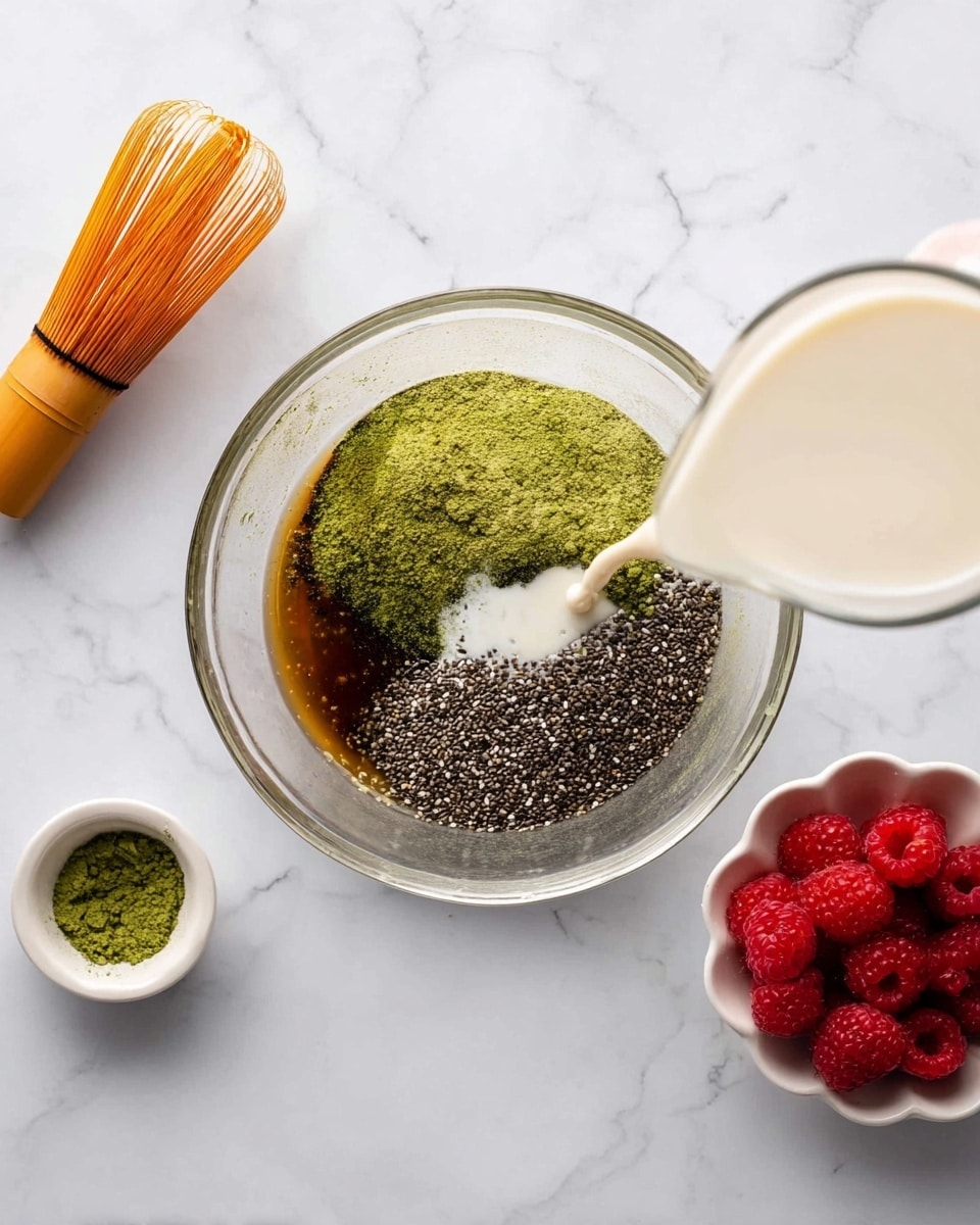 A clear glass bowl sits on a white marbled surface with a mix of four visible layers inside: a dark amber syrup layer at the bottom right, a thick layer of small black chia seeds covering most of the bottom, a bright green matcha powder mound on the left side, and a small spot of white liquid near the bottom center. A woman's hand pours a creamy white liquid from a clear measuring cup into the bowl. On the white marbled surface, to the top left of the bowl, there is an orange bamboo whisk and a small scalloped white bowl holding green matcha powder. To the bottom right of the glass bowl, a scalloped white dish holds fresh, bright red raspberries. photo taken with an iphone --ar 4:5 --v 7