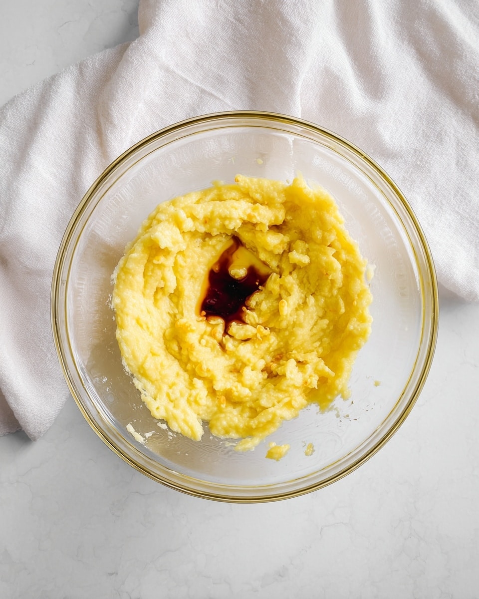 A clear glass mixing bowl on a white marbled surface with a soft white cloth nearby holds a thick, mashed yellow mixture with some small lumps. In the center of the mixture, a small dark brown spot of liquid adds contrast to the yellow. The bowl has a simple round shape and is seen from above showing the texture and colors clearly. photo taken with an iphone --ar 4:5 --v 7