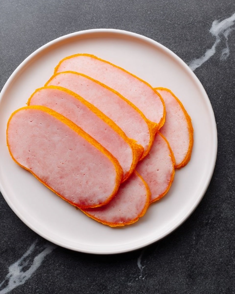 There are six thin slices of light pink meat with an orange outer edge arranged in a slightly overlapping row on a white plate, centered against a white marbled surface. The texture of the meat looks smooth and uniform, and the orange edge is consistent around each slice. Photo taken with an iphone --ar 4:5 --v 7