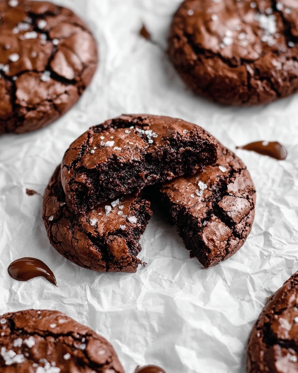 The image shows several thick, round dark chocolate cookies with a cracked and shiny top layer sprinkled with coarse salt flakes. One cookie in the center is broken into four large pieces, revealing a rich, moist, and dense chocolate inside. The cookies rest on crumpled white parchment paper scattered with a few milk chocolate drops and crumbs. The setting is on a white marbled surface that adds a clean, bright background contrast to the deep brown tones of the cookies. Photo taken with an iphone --ar 4:5 --v 7