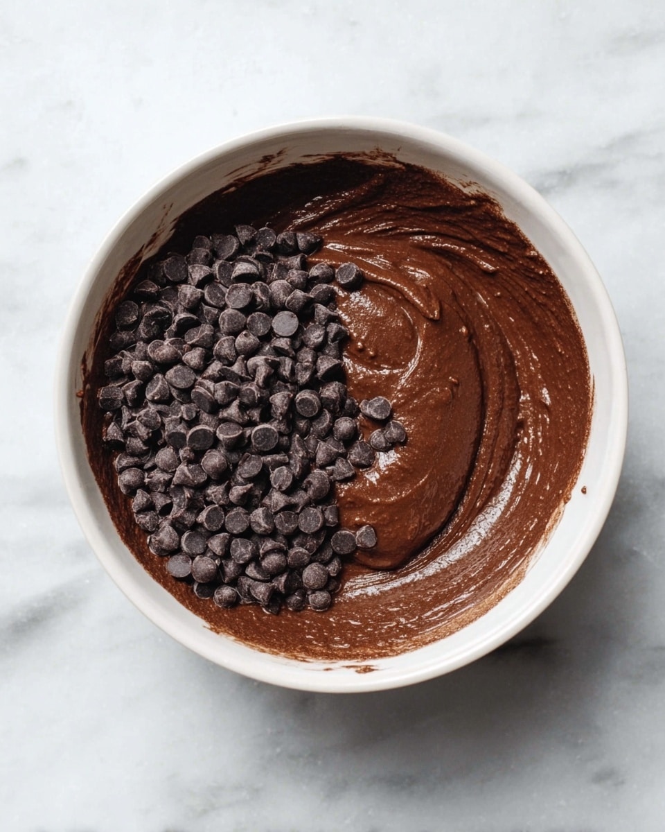 A white bowl filled with thick, dark brown chocolate batter that has a smooth and creamy texture; on one side of the batter, there is a pile of small, dark chocolate chips resting on top. The bowl is placed on a white marbled surface. photo taken with an iphone --ar 4:5 --v 7