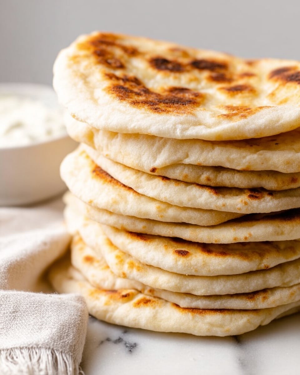 A tall stack of seven flatbreads sits on a white marbled surface, each flatbread layer thick and soft with a light golden-brown toasted texture on the top one, showing some darker spots from cooking. The flatbreads have a soft beige color with slightly airy and fluffy edges. In the background, there is a blurred white bowl with a creamy white sauce inside. Photo taken with an iphone --ar 4:5 --v 7