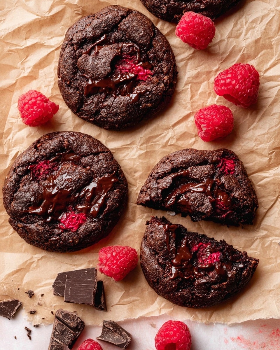 Four round dark brown chocolate cookies with a rough texture lie on crinkled light brown parchment paper over a white marbled surface. Each cookie shows bits of melted dark chocolate and red raspberry pieces embedded inside, creating uneven patches of glossy and textured areas. One cookie in the center is broken into two halves, showing more melted chocolate inside. Around the cookies, there are bright red fresh raspberries and small broken chunks of dark chocolate, adding contrast. Photo taken with an iphone --ar 4:5 --v 7
