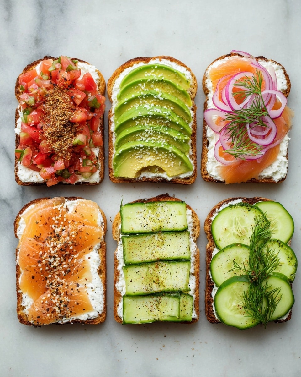 Four rectangular toasted slices are laid out on a white marbled surface, each topped with cottage cheese as the base layer. The first slice from the left has finely chopped red tomatoes layered on top, sprinkled with a brown spice. The second slice has four slices of green avocado placed side by side with white sesame seeds and black pepper scattered on top. The third slice is topped with pink smoked salmon, thin purple onion slices, and green dill sprigs. The fourth slice has a spread of green pesto beneath thin overlapping cucumber slices, finished with a light sprinkle of black pepper. photo taken with an iphone --ar 4:5 --v 7