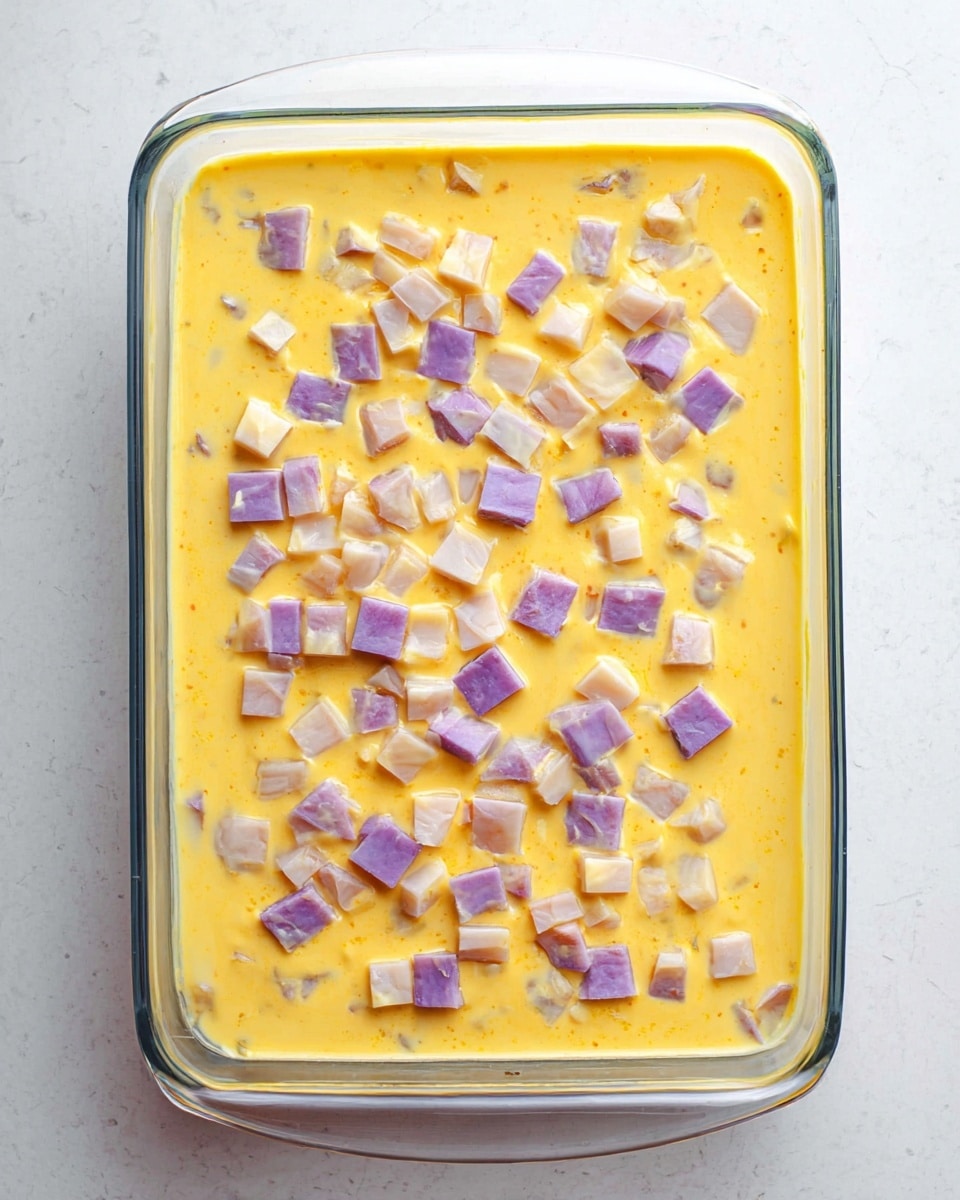 A clear rectangular glass baking dish filled with a creamy yellow mixture that looks smooth and thick, with small cubes of purple-skinned white pieces scattered evenly on top and slightly submerged. The dish sits on a white marbled surface, and the photo is taken from directly above, showing the entire dish clearly. photo taken with an iphone --ar 4:5 --v 7