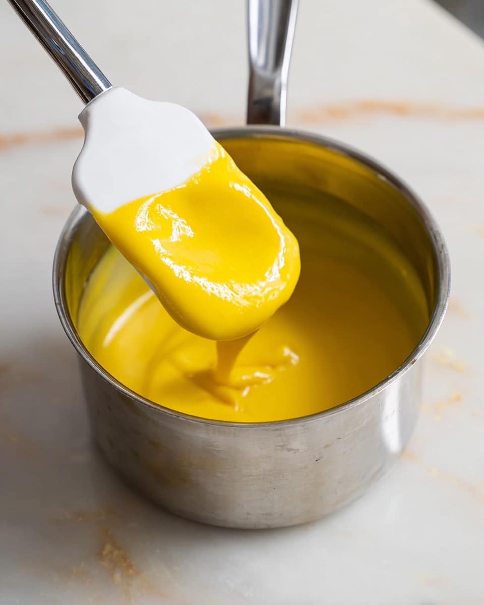 A close-up view of a small silver saucepan filled with smooth, bright yellow custard. A white spatula with a shiny silver handle is lifting some of the thick custard from the pan, showing its creamy and glossy texture. The saucepan is placed on a white marbled surface with subtle gray and beige veins, creating a clean and fresh background. The focus is on the rich custard and the spatula gliding through it, highlighting the mixture’s thickness and shine. Photo taken with an iphone --ar 4:5 --v 7