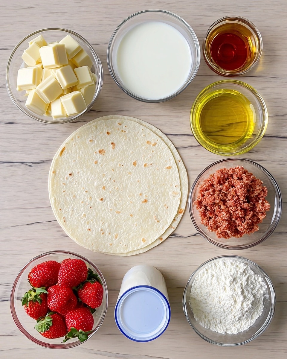 The image shows a round tortilla placed in the center on a white marbled surface, surrounded by small clear glass bowls. Starting from the top left, there is a bowl filled with pale yellow white chocolate squares, to its right is a bowl with white milk or cream, followed by a bowl with clear yellow oil on the top right. Below the oil, there is a bowl of white powder, possibly flour or sugar. Near the bottom center, there is a white cream cheese container with a blue lid. On the bottom left, a bowl with bright red strawberries with green leaves is visible. In the middle of the tortilla, there is a bowl filled with a red and tan crumbly mixture. Above that, a small bowl holds a dark amber liquid, perhaps vanilla extract. All the bowls and the tortilla lie on the white marbled surface. Photo taken with an iphone --ar 4:5 --v 7