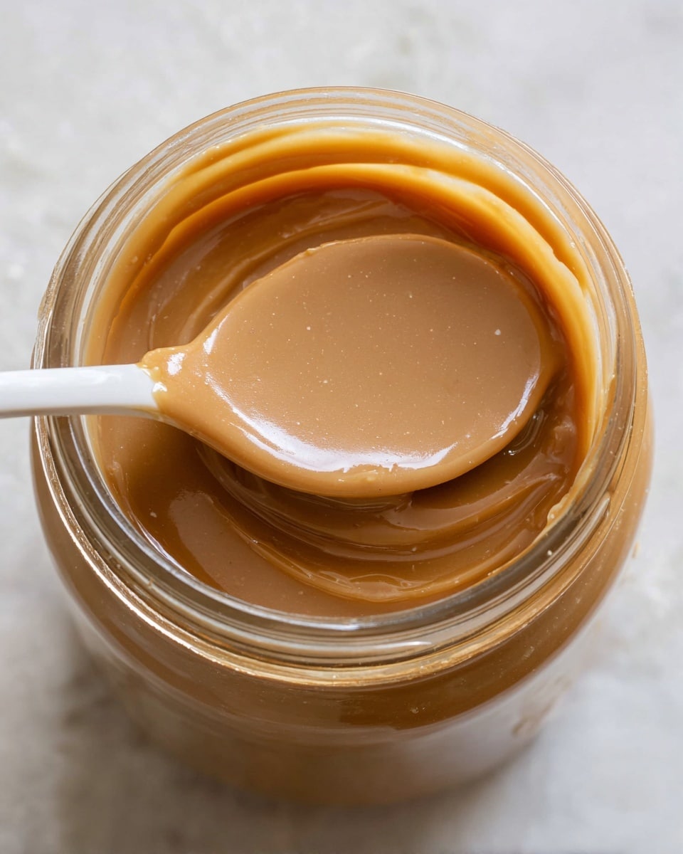 A close-up view of a glass jar filled with smooth, light brown peanut butter, showing a shiny, creamy texture on the top layer. Inside the jar, a white spoon is dipped in the peanut butter, with a rounded top layer of the spread covering the spoon. The jar sits on a white marbled surface, with the light reflecting gently on the glass rim and the peanut butter's shiny surface, emphasizing the creamy consistency. photo taken with an iphone --ar 4:5 --v 7