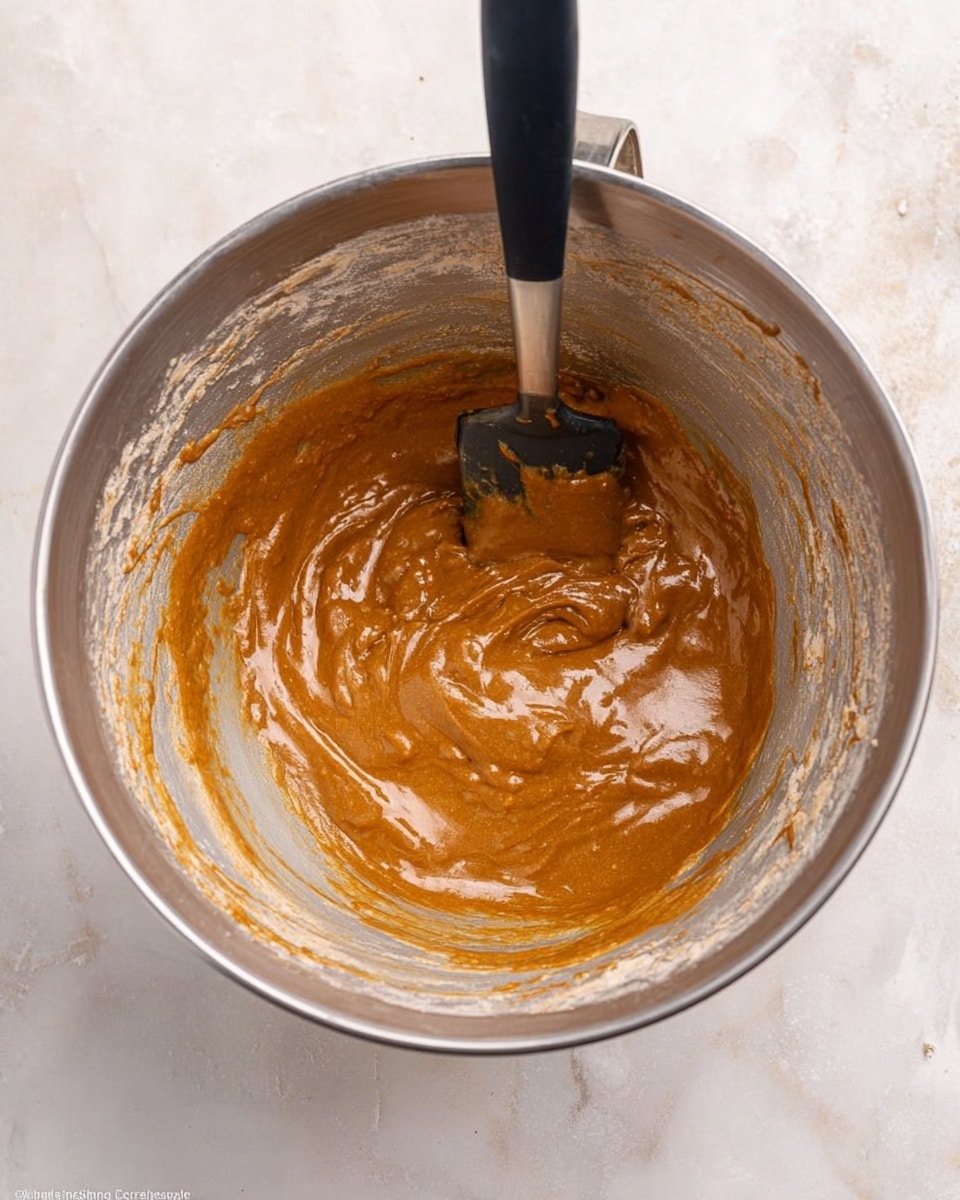 A large silver mixing bowl sits on a white marbled surface, containing a thick, shiny brown batter spread unevenly inside. The batter has a smooth, sticky texture with some glossy highlights. A black spatula with a silver blade is standing upright in the middle of the batter, coated with the same brown mixture. The sides of the bowl show remnants of flour and batter residue, giving a sense of active mixing. Photo taken with an iphone --ar 4:5 --v 7