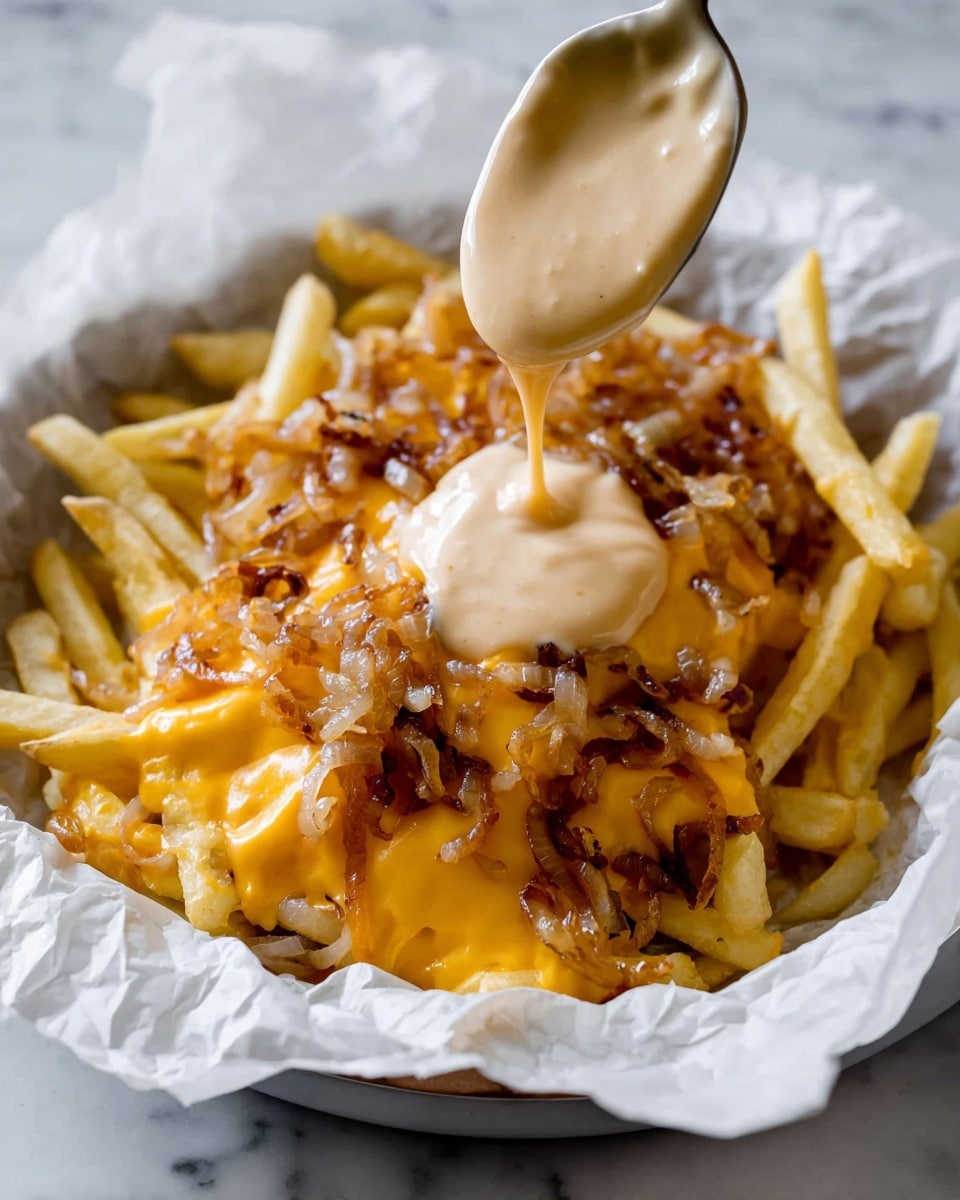 A close-up view of a white round tray lined with crinkled white parchment paper filled with golden yellow French fries. On top of the fries is a layer of melted bright orange cheese, and scattered cooked caramelized onions with a light brown color. A spoon is pouring a thick, creamy pale beige gravy with small bits into the center of the dish. The background is a white marbled surface. photo taken with an iphone --ar 4:5 --v 7