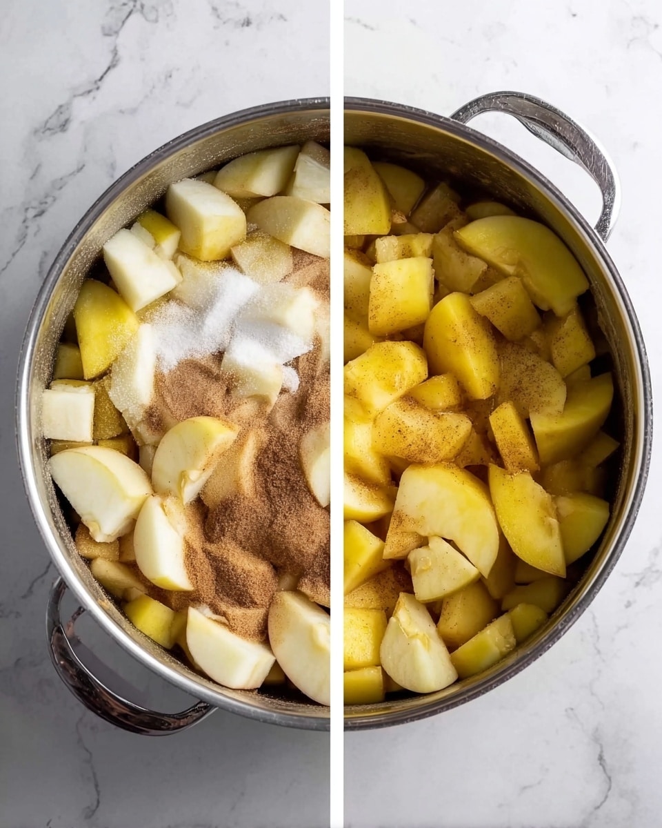 The image shows a silver pot on a white marbled surface, filled with chunks of peeled apples. The left side of the image displays the apples in firm pieces with white and yellow colors, sprinkled with brown sugar and cinnamon powder, along with some white granulated sugar visible on top. The right side of the image shows the same pot where the apples are softer and look cooked, turning more yellow and slightly translucent, with the brown sugar and cinnamon mixed in among the apples. The pot is round with two handles on each side. Photo taken with an iphone --ar 4:5 --v 7