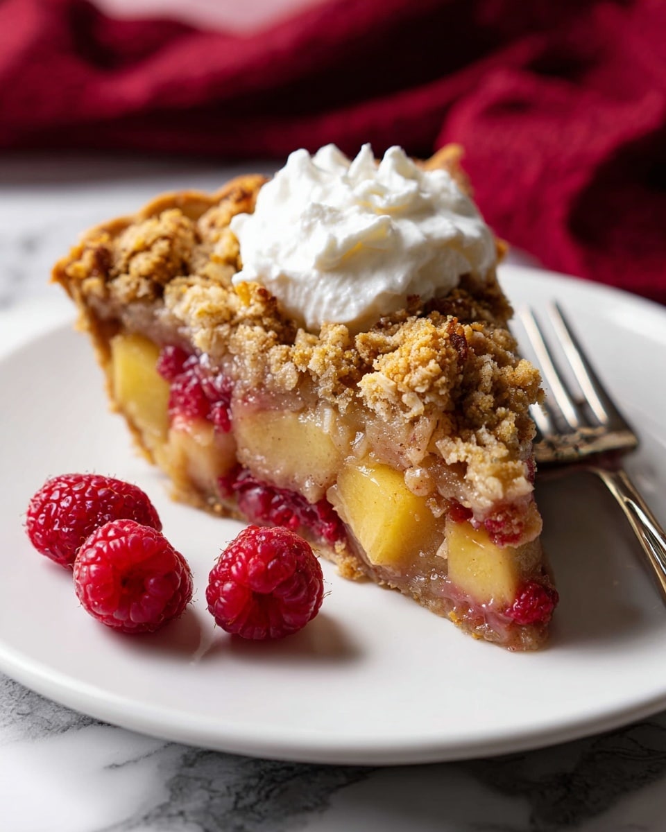 The image shows a slice of fruit crumble pie on a white plate with a silver fork beside it. The pie slice has three layers: a light brown crust at the bottom, a middle layer of cooked yellow apple pieces mixed with red raspberries, and a top crumbly golden-brown oat topping with small chunks. A dollop of white whipped cream sits on top of the crumble layer. On the plate next to the pie are four fresh red raspberries. The scene is set on a white marbled surface, with a red cloth blurred in the background. Photo taken with an iphone --ar 4:5 --v 7