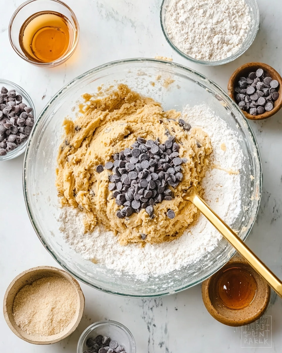 A clear glass bowl holds a thick, creamy beige dough mixed with dark gray chocolate chips piled on top in the center. Surrounding the dough in the bowl's edges is a layer of white flour. A golden spoon rests in the bowl, slightly dipped into the dough and flour mix. Around the bowl, there are smaller bowls with flour, brown sugar, more chocolate chips, and a small glass containing a light amber liquid. The surface is white marbled with subtle gray veins. photo taken with an iphone --ar 4:5 --v 7