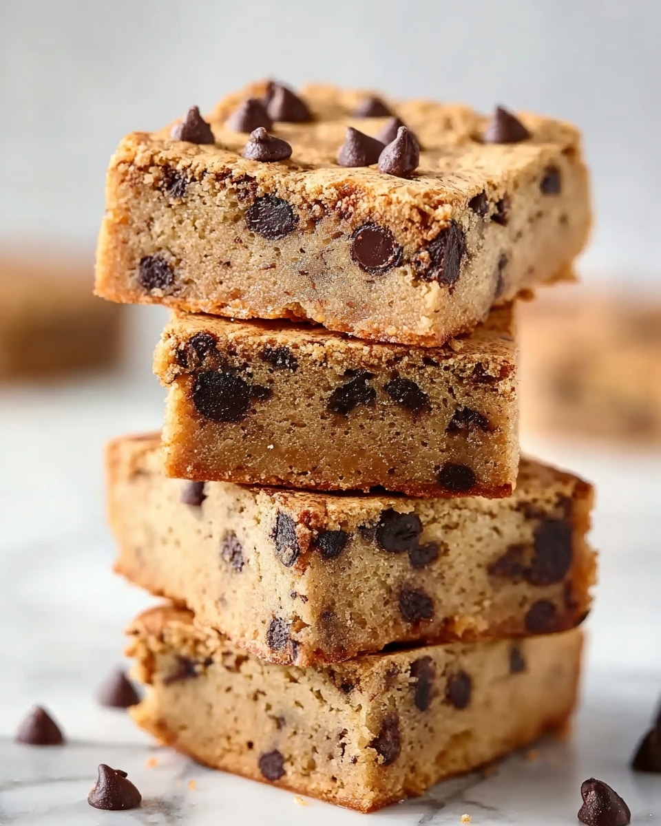 A stack of four square blondies is shown, each blondie having a light brown color with a slightly crumbly texture and filled with scattered dark brown chocolate chips inside. The top blondie is decorated with small chocolate chips dotted on its surface. The blondies have sharp edges and are stacked unevenly, leaning slightly to one side. The background and surface are a white marbled texture, softly blurred to keep the focus on the blondies. Photo taken with an iphone --ar 4:5 --v 7