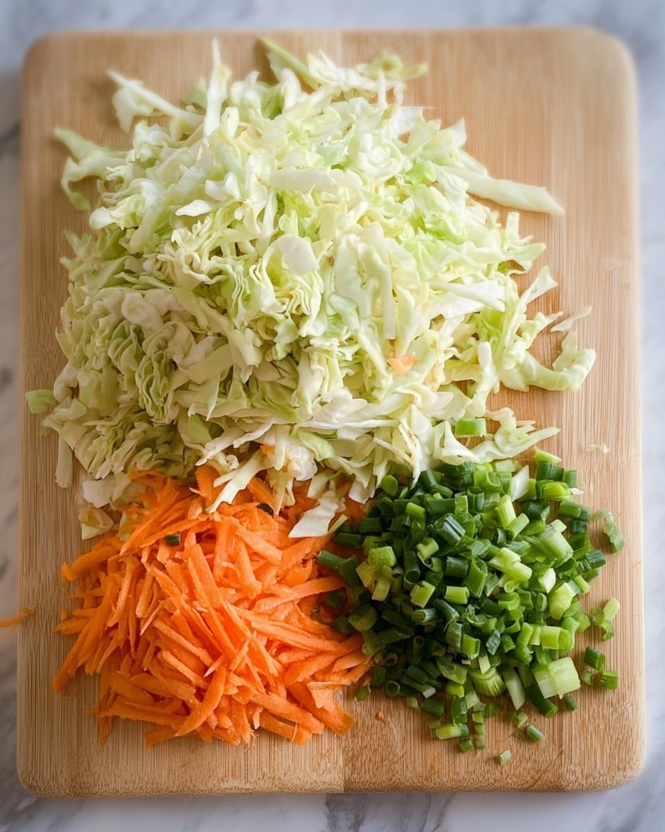 A light wooden board holds three piles of chopped vegetables arranged in a triangular shape. The largest pile is shredded pale green cabbage with some white pieces mixed in, positioned on the left side. To the right of it is a medium-sized pile of finely shredded bright orange carrots, and below both is a smaller pile of chopped green onions with varying dark and light green shades. The background is a white marbled texture. photo taken with an iphone --ar 4:5 --v 7