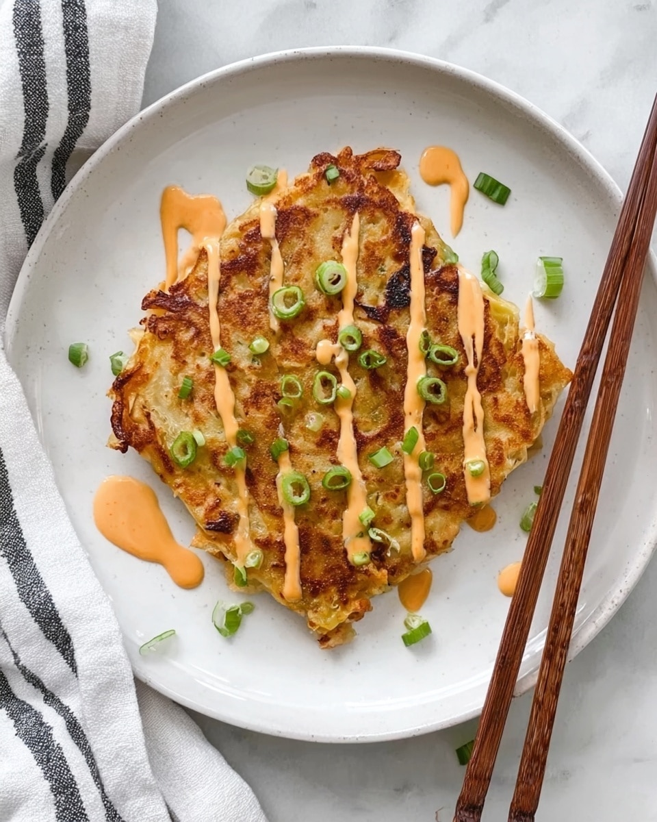 The image shows a white plate with a single square-shaped crispy pancake that has a golden brown color with some darker grilled spots. On top of the pancake, there are light orange sauce drizzles placed in thin lines across the surface. Small green onion pieces are scattered over the pancake, adding a touch of bright green. The plate sits on a white marbled surface with a white cloth having black stripes underneath the bottom left side of the plate. To the right side of the plate, there are a pair of wooden brown chopsticks resting parallel to each other. Photo taken with an iphone --ar 4:5 --v 7