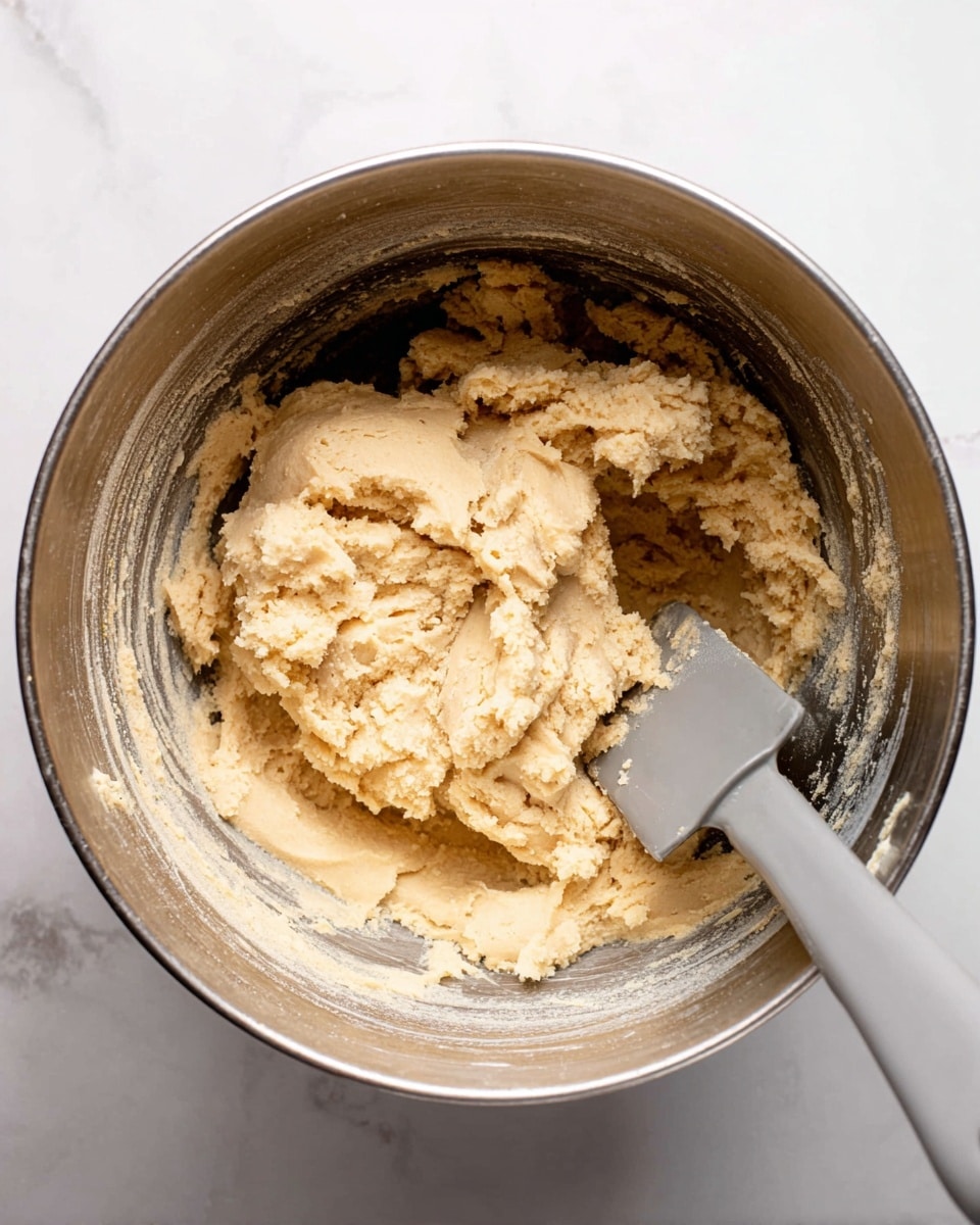 A close-up photo of a silver mixing bowl with thick, light beige cookie dough inside, showing rough and creamy texture with some lumps. A light gray spatula rests inside the bowl on the right side, partially buried in the dough. The bowl is placed on a white marbled surface, giving a clean and bright background. The spatula handle sticks out diagonally to the right side. Photo taken with an iphone --ar 4:5 --v 7