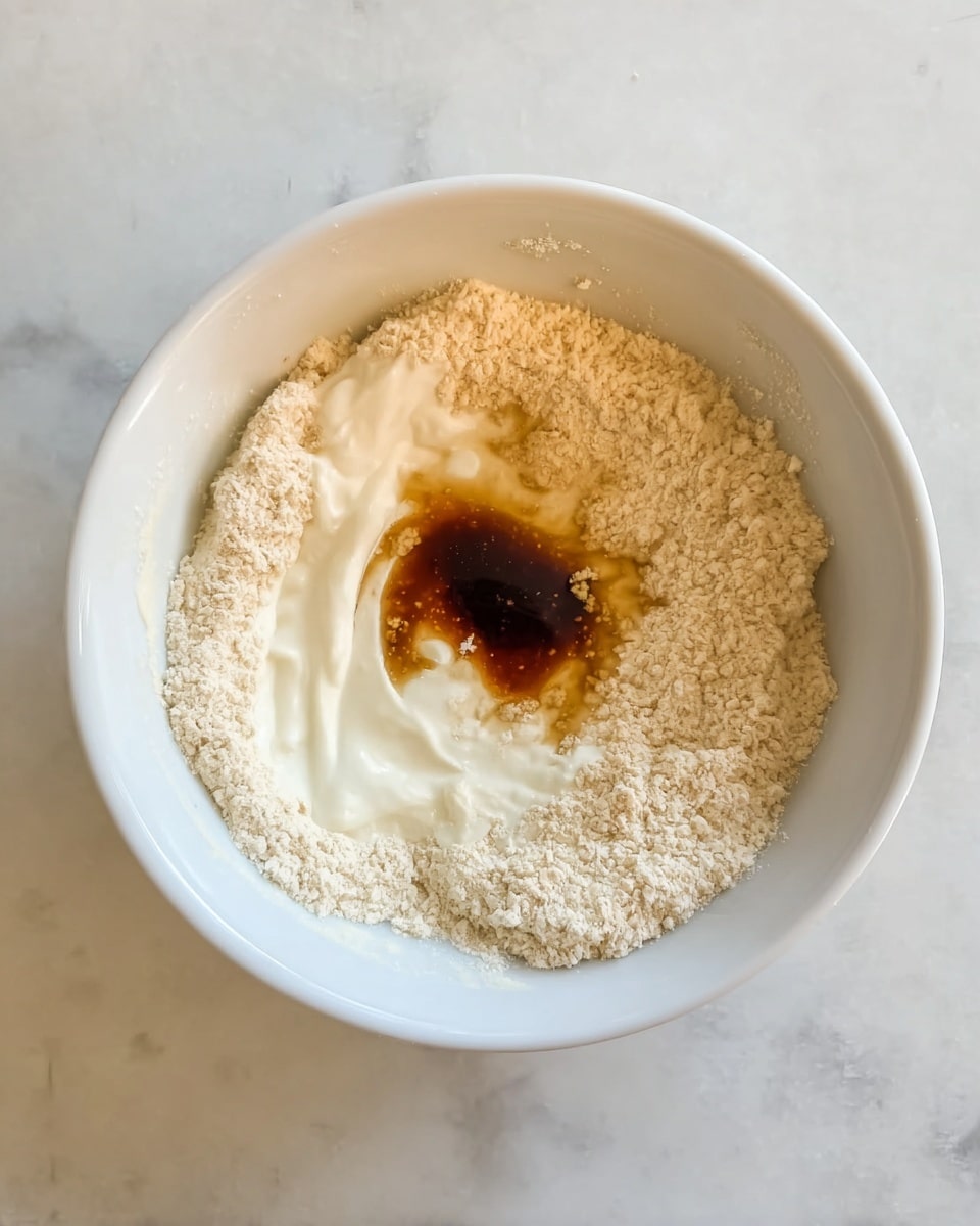 A white bowl on a white marbled surface holds three layers of ingredients. The bottom layer is an uneven pile of light beige flour with a grainy texture. On top of that is a thick, creamy layer of white yogurt spreading around the edges. The final layer is a small pool of dark brown liquid sitting in the center, slightly absorbed by the flour. Photo taken with an iphone --ar 4:5 --v 7