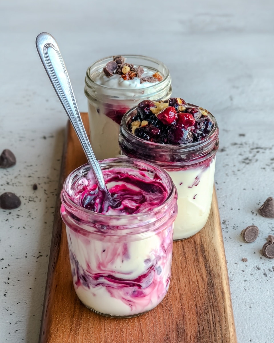 Three small glass jars are shown on a wooden board, each filled with creamy white yogurt at the bottom. The jar in the front has swirled pink and purple berries mixed with the yogurt, and a silver spoon is sticking out of it. The middle jar has a top layer of dark purple and red berries with a dollop of white cream, sprinkled with small brown nut pieces and a few chocolate chips. The background surface is a white marbled texture with a few scattered chocolate chips nearby. photo taken with an iphone --ar 4:5 --v 7