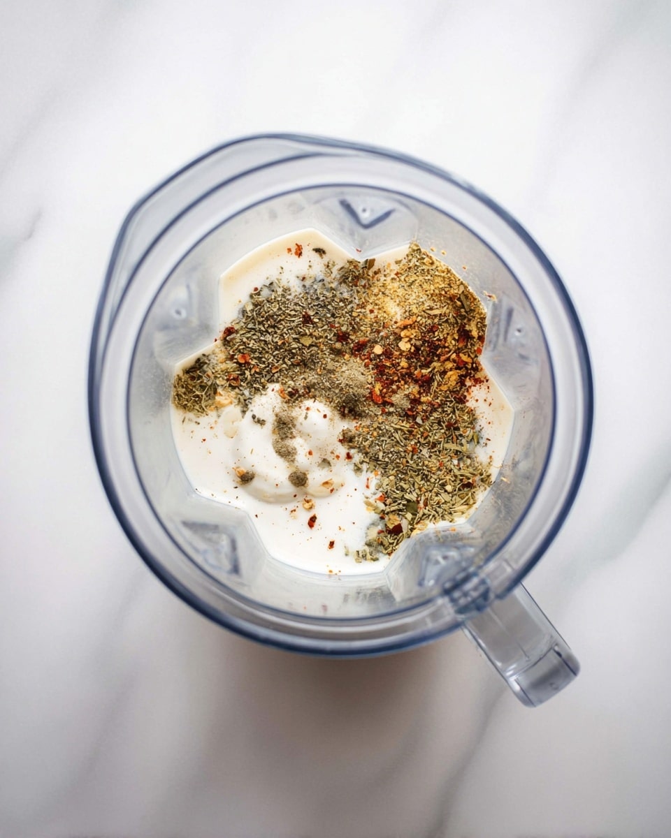 A clear blender container is shown from above, filled with about three layers of ingredients: the bottom layer is a white creamy liquid, the middle layer has a few dollops of a slightly thicker cream, and the top layer is a mix of dried green and brown spices sprinkled unevenly, including black pepper and herbs with hints of red flakes. The blender sits on a white marbled surface. photo taken with an iphone --ar 4:5 --v 7