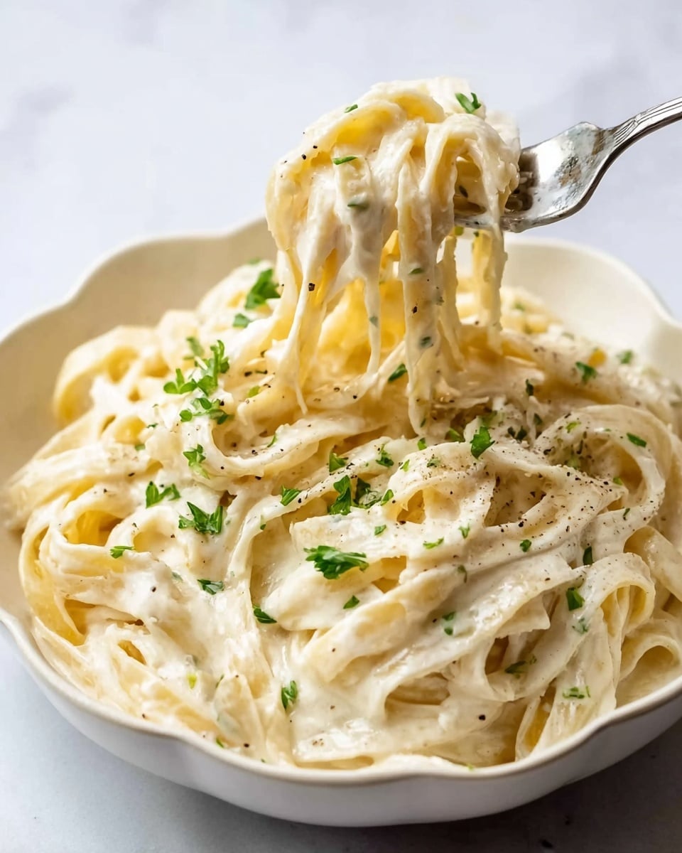 A white scalloped bowl filled with creamy Alfredo fettuccine pasta showing many thick, flat noodles twisted and layered, coated well in white sauce with a smooth, slightly glossy texture. Small green parsley bits are scattered evenly on top for color contrast, and freshly ground black pepper speckles add darkness. A silver fork lifts a tangled bite from the dish, with some noodles hanging loose, all placed on a white marbled surface. Photo taken with an iphone --ar 4:5 --v 7