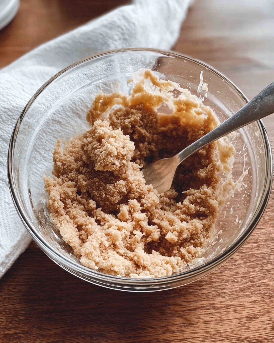A clear glass bowl holds a mix of crumbly, light brown and beige dough with a slightly grainy texture, partially stirred by a silver fork resting inside. The bowl sits on a wooden table next to a white cloth, with a soft light casting gentle reflections on the glass surface. The background is a white marbled texture. photo taken with an iphone --ar 4:5 --v 7